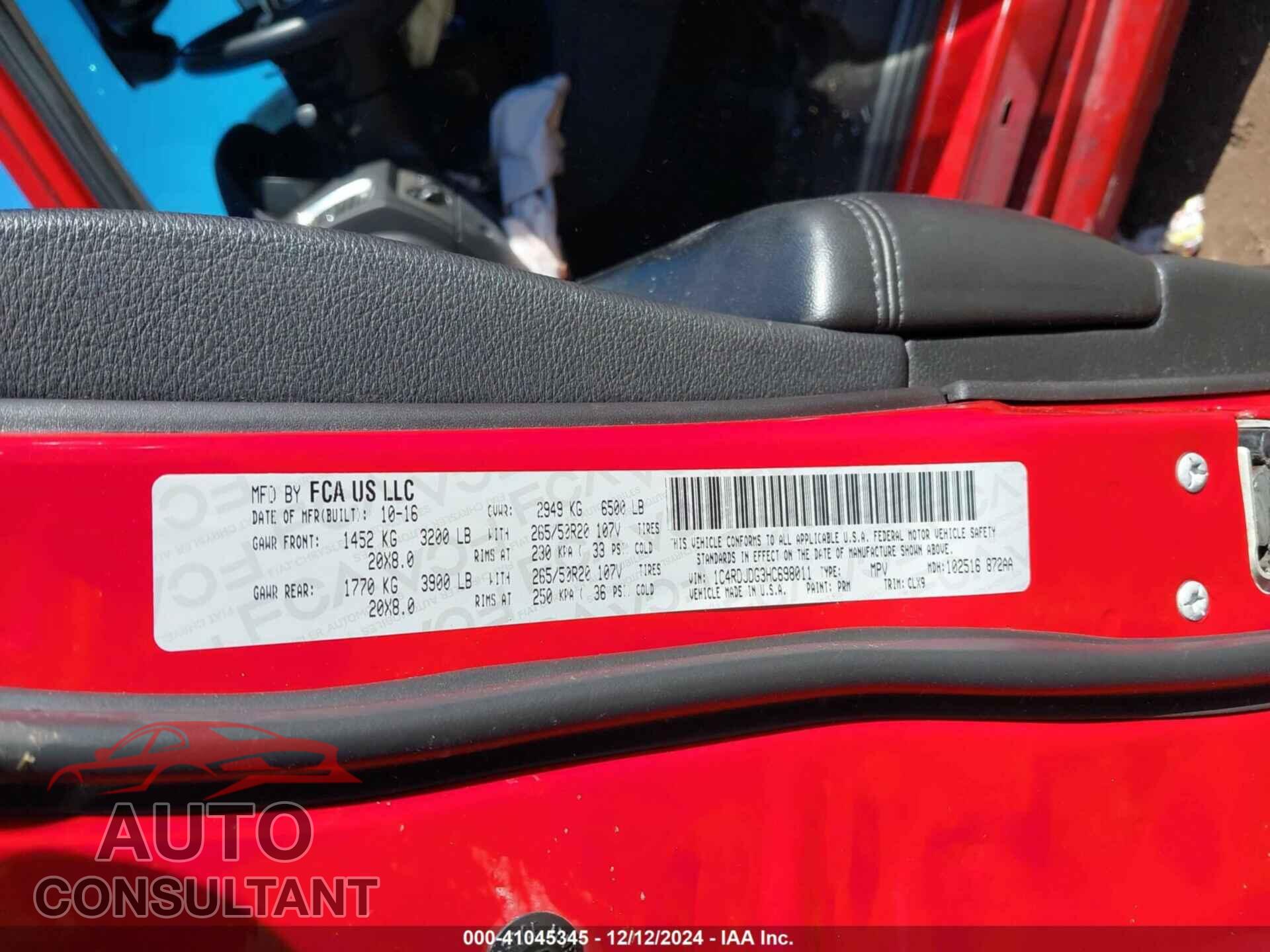 DODGE DURANGO 2017 - 1C4RDJDG3HC698011