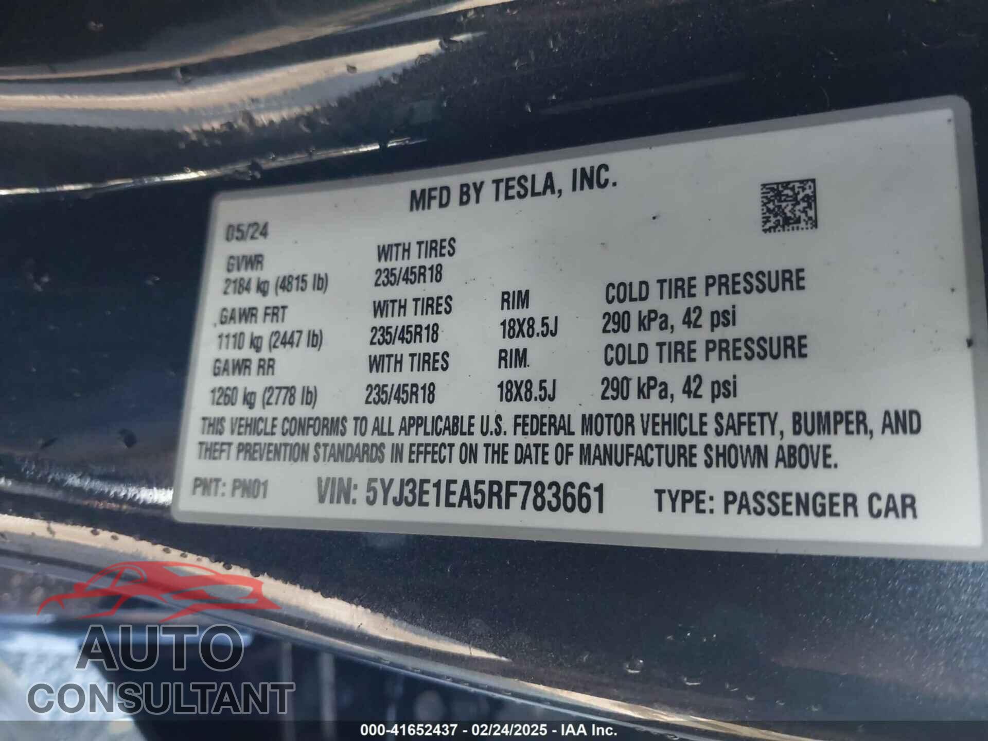 TESLA MODEL 3 2024 - 5YJ3E1EA5RF783661