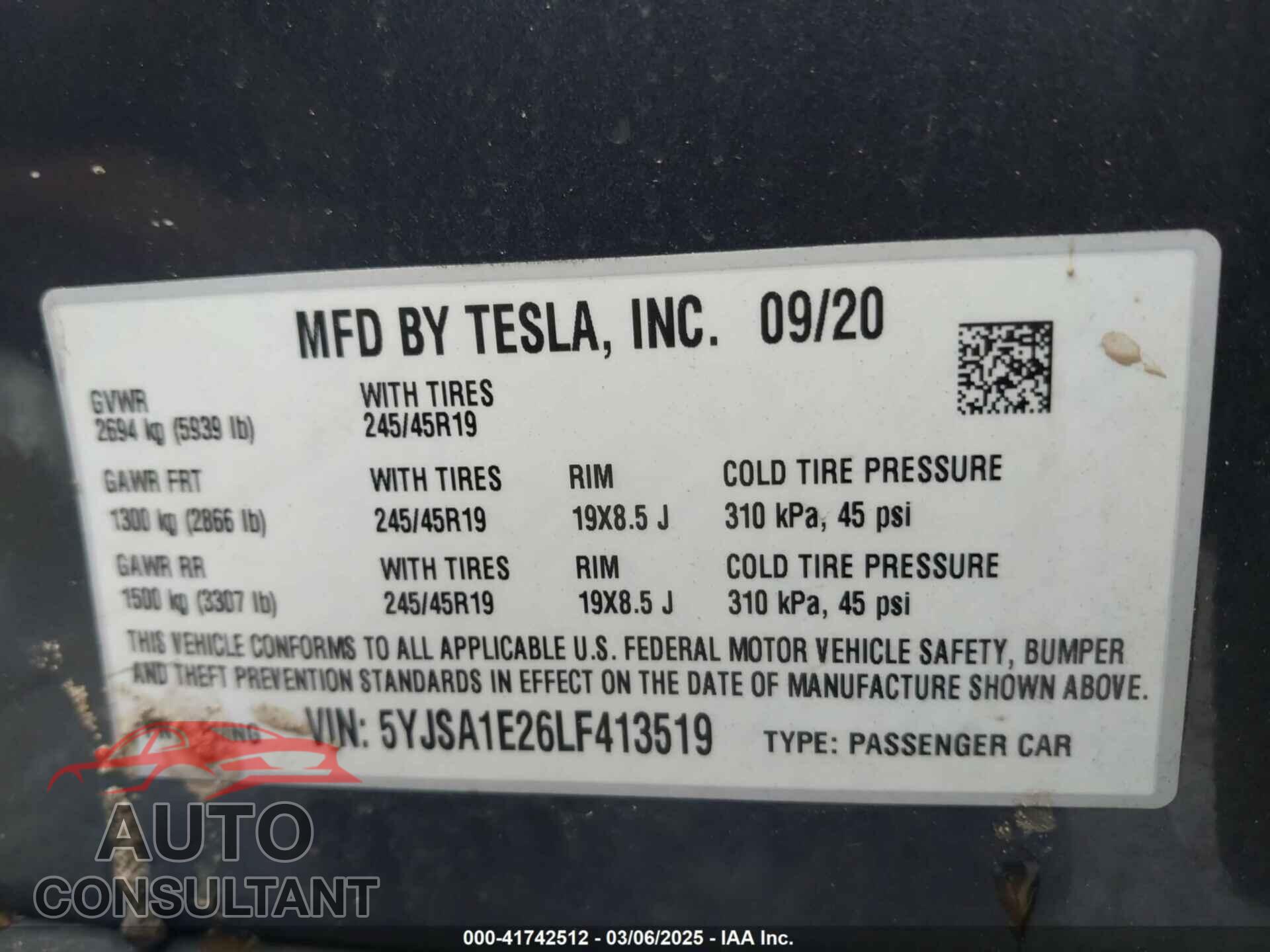 TESLA MODEL S 2020 - 5YJSA1E26LF413519