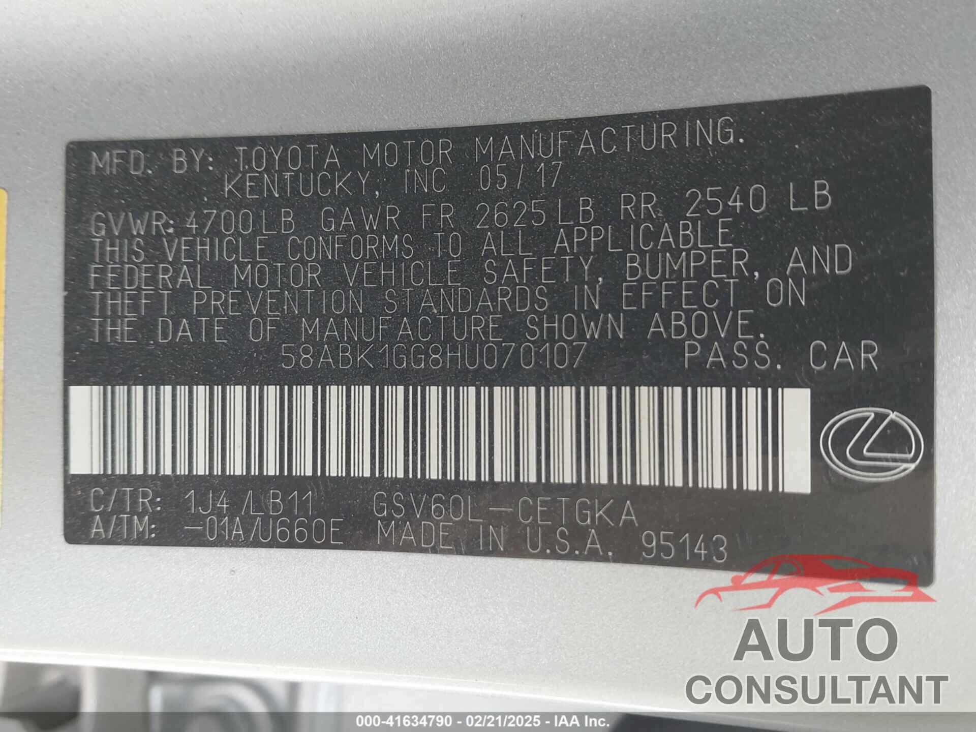 LEXUS ES 350 2017 - 58ABK1GG8HU070107