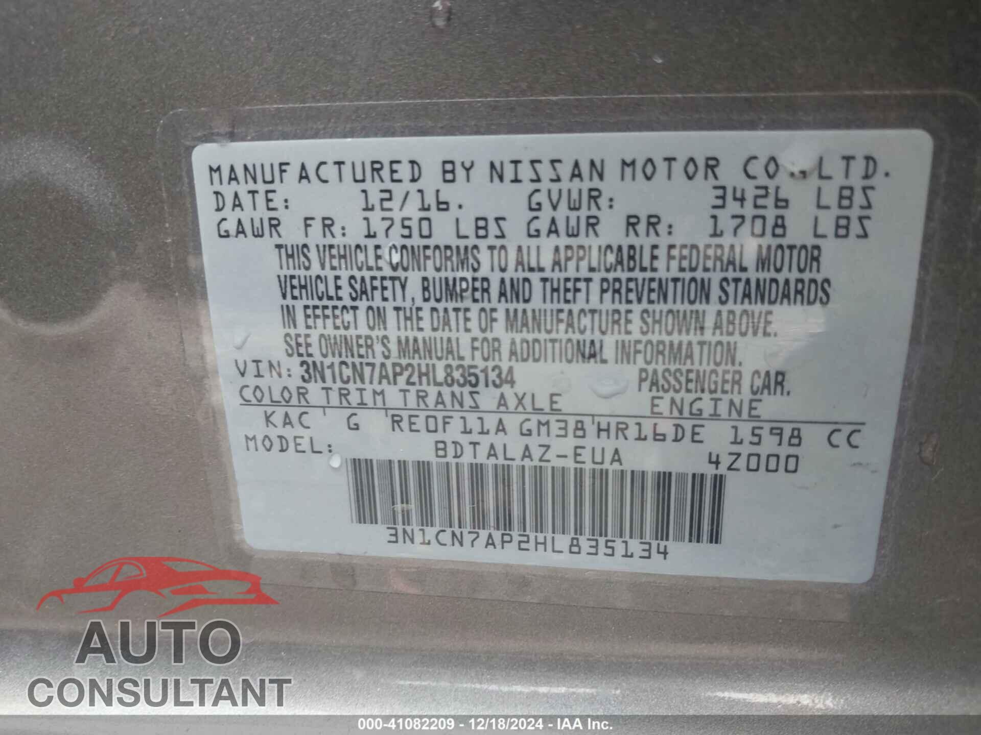 NISSAN VERSA 2017 - 3N1CN7AP2HL835134