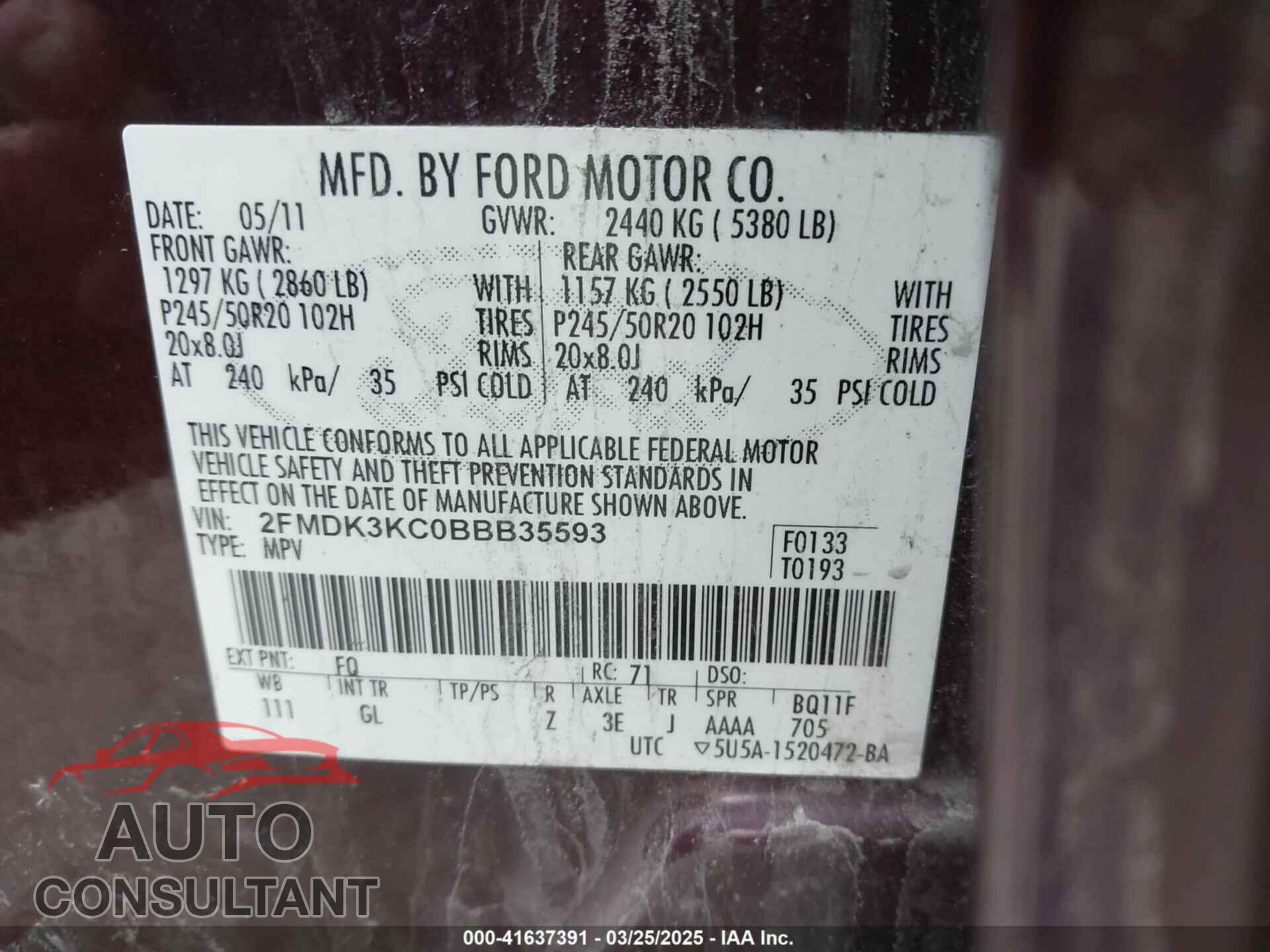 FORD EDGE 2011 - 2FMDK3KC0BBB35593