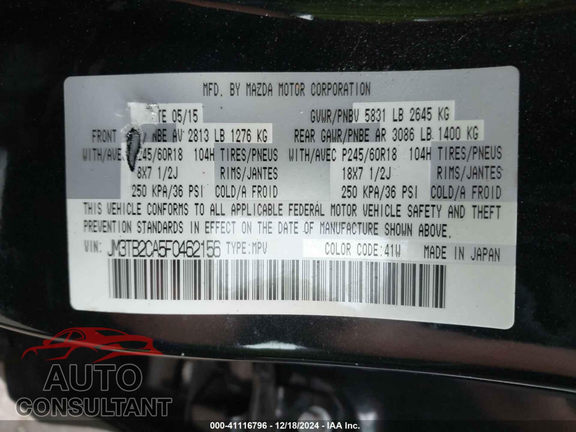 MAZDA CX-9 2015 - JM3TB2CA5F0462156