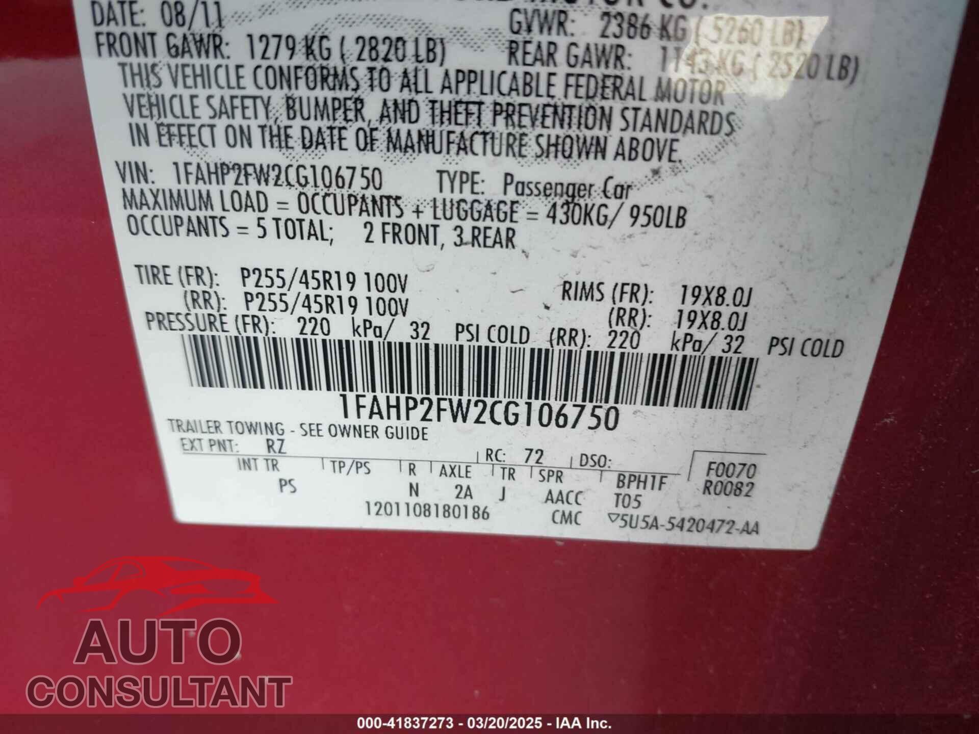 FORD TAURUS 2012 - 1FAHP2FW2CG106750