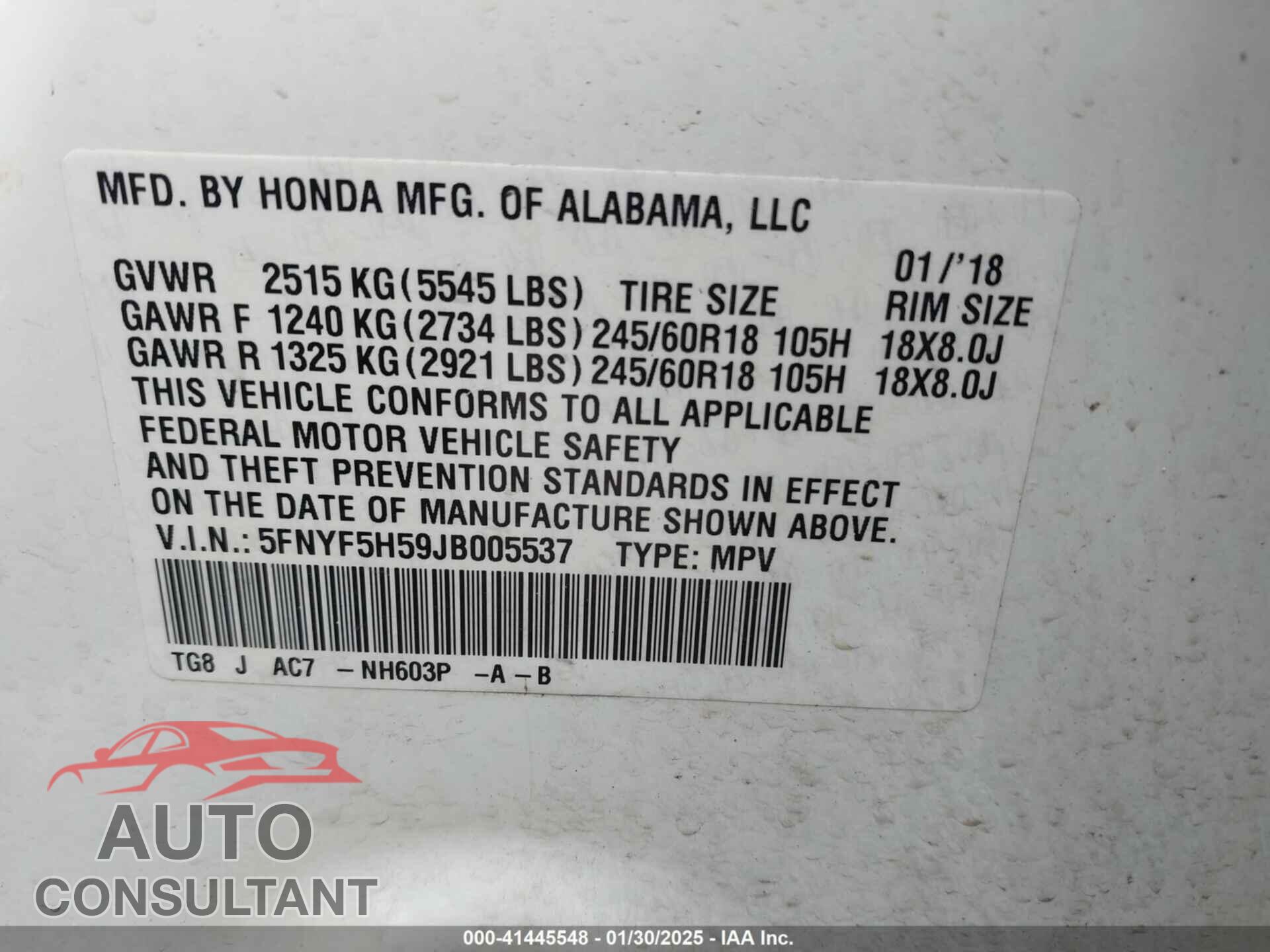 HONDA PILOT 2018 - 5FNYF5H59JB005537