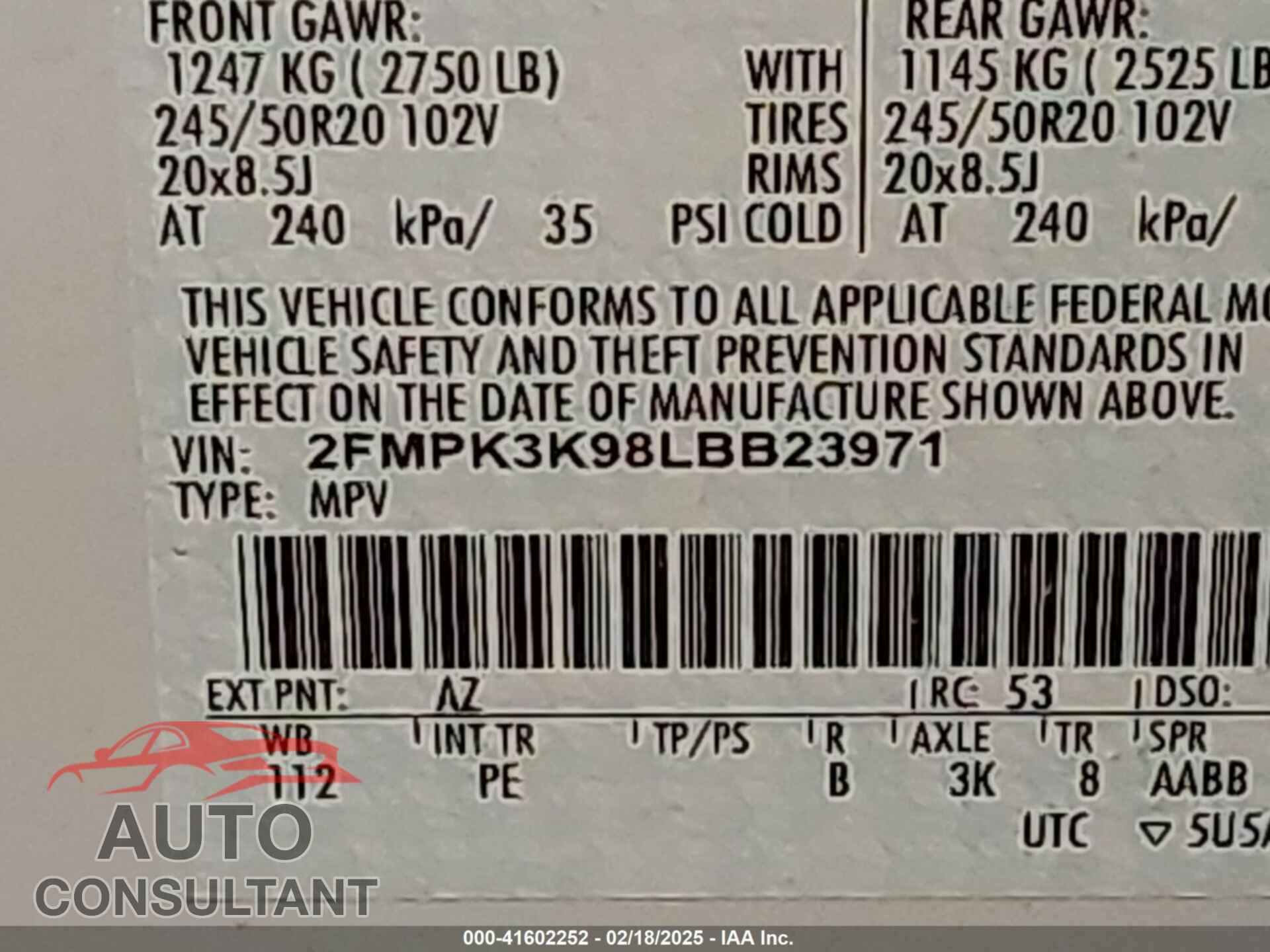 FORD EDGE 2020 - 2FMPK3K98LBB23971