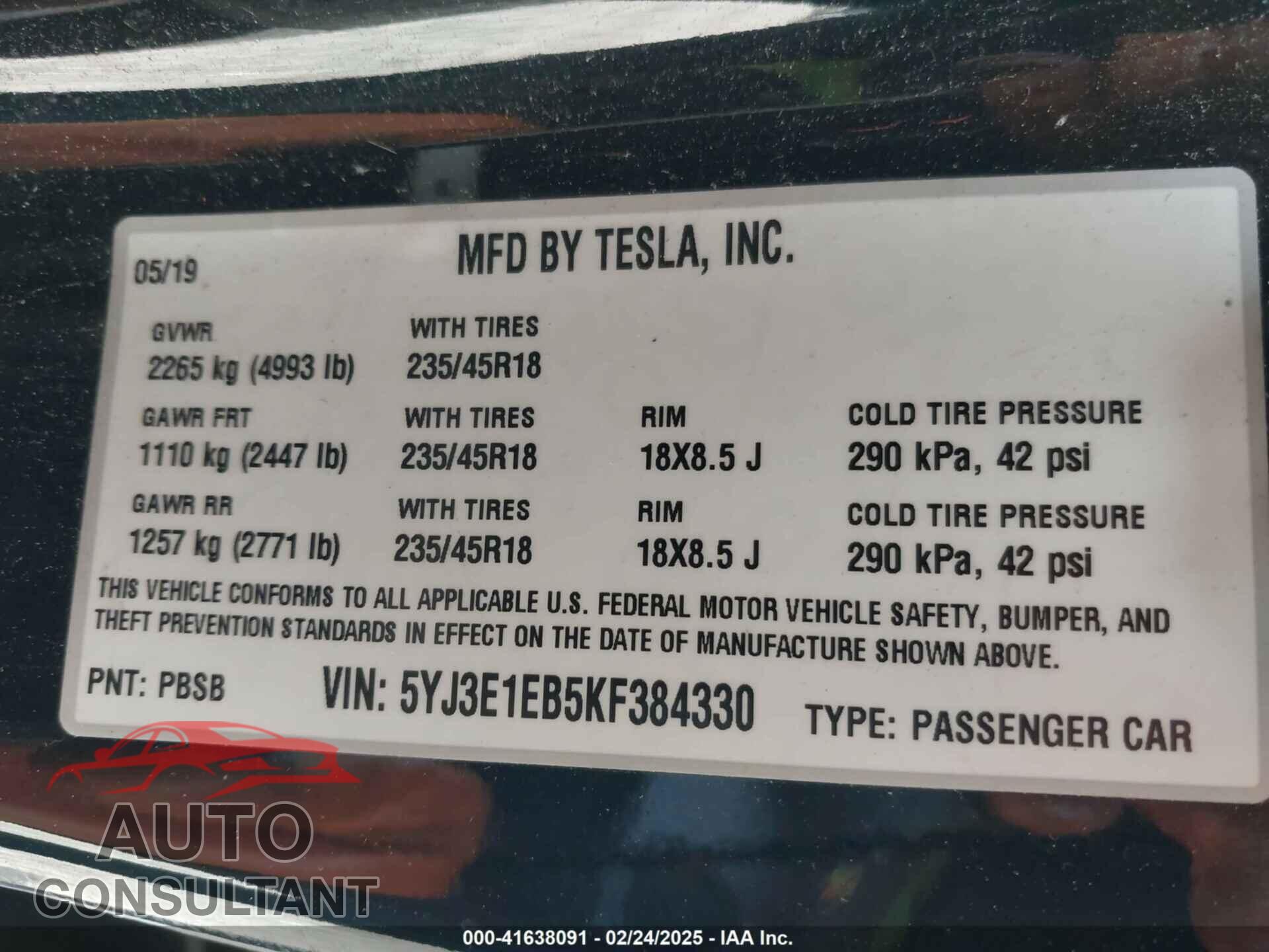 TESLA MODEL 3 2019 - 5YJ3E1EB5KF384330