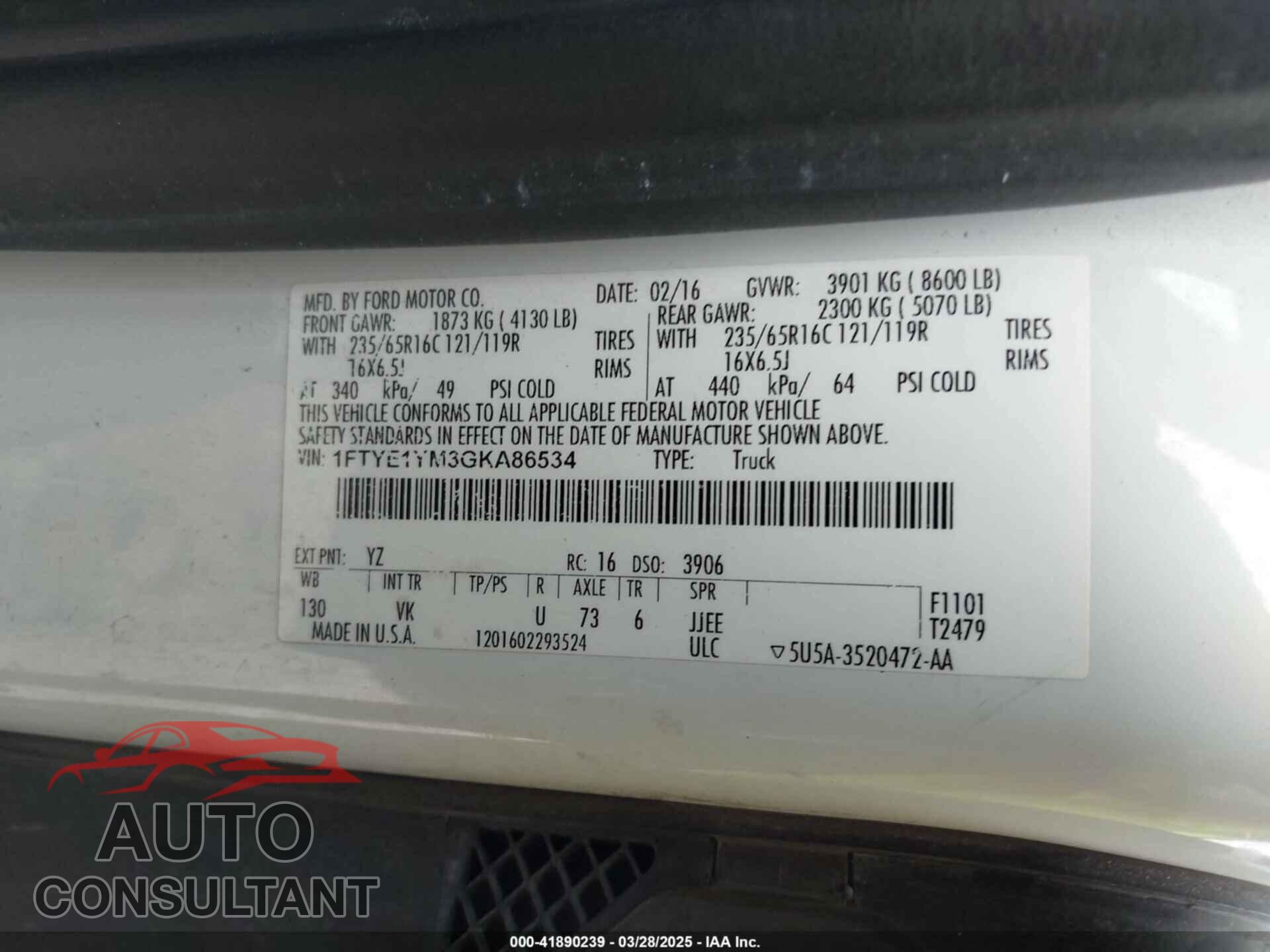 FORD TRANSIT-150 2016 - 1FTYE1YM3GKA86534