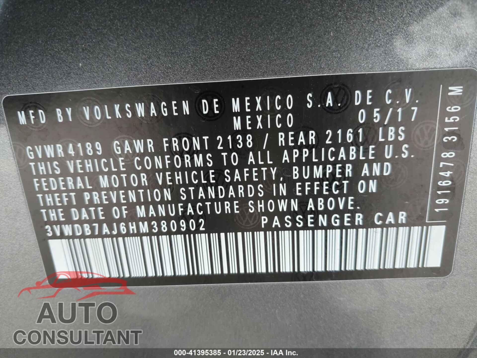 VOLKSWAGEN JETTA 2017 - 3VWDB7AJ6HM380902