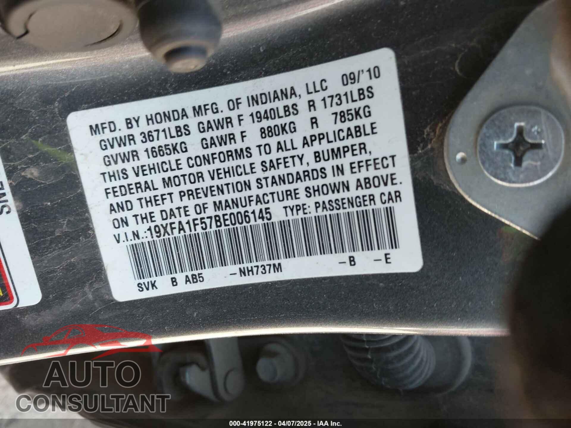 HONDA CIVIC 2011 - 19XFA1F57BE006145