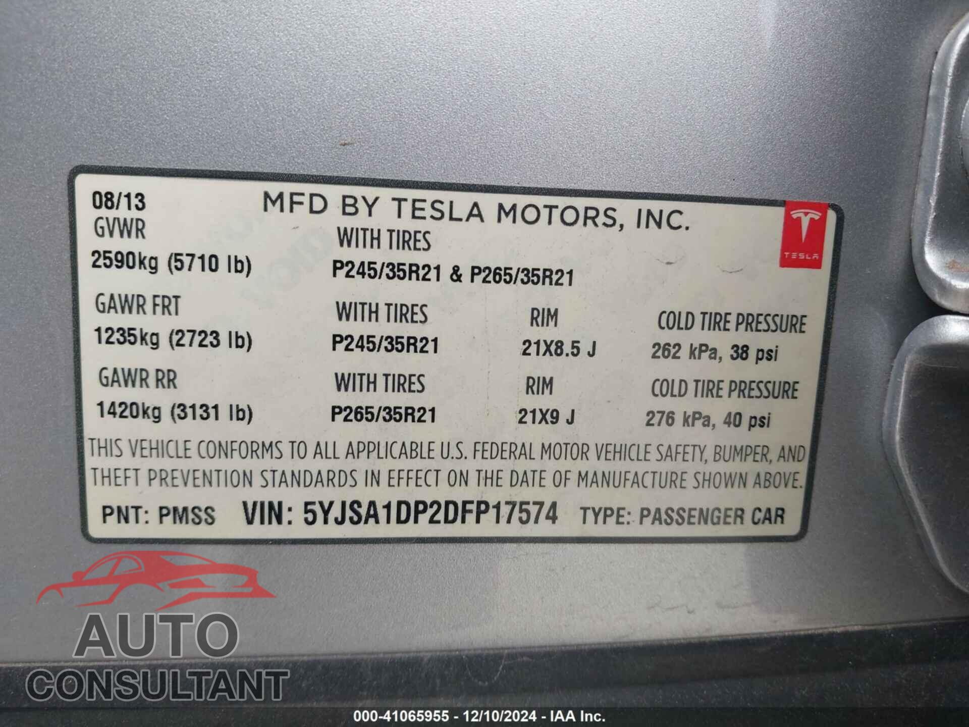 TESLA MODEL S 2013 - 5YJSA1DP2DFP17574
