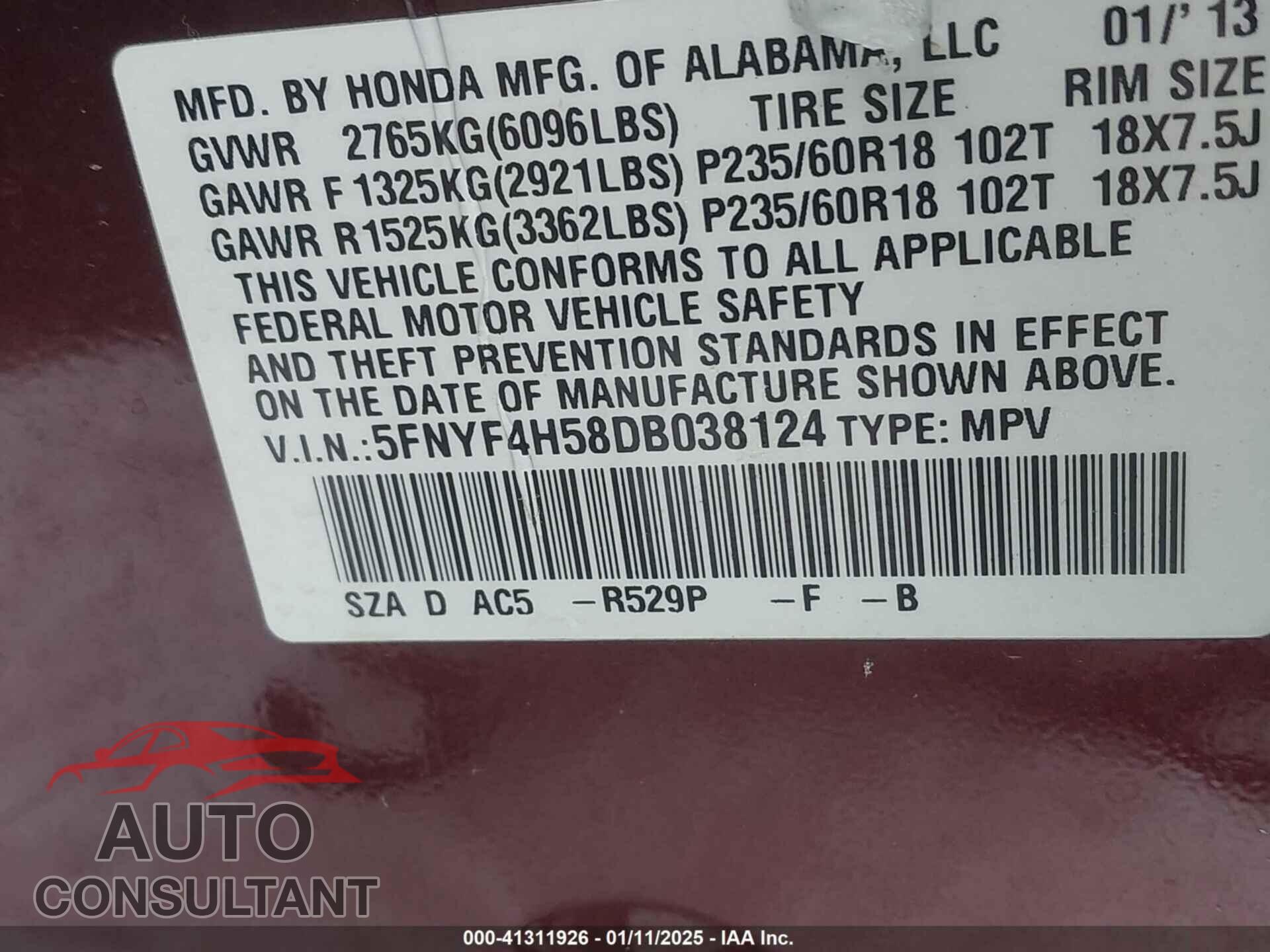 HONDA PILOT 2013 - 5FNYF4H58DB038124