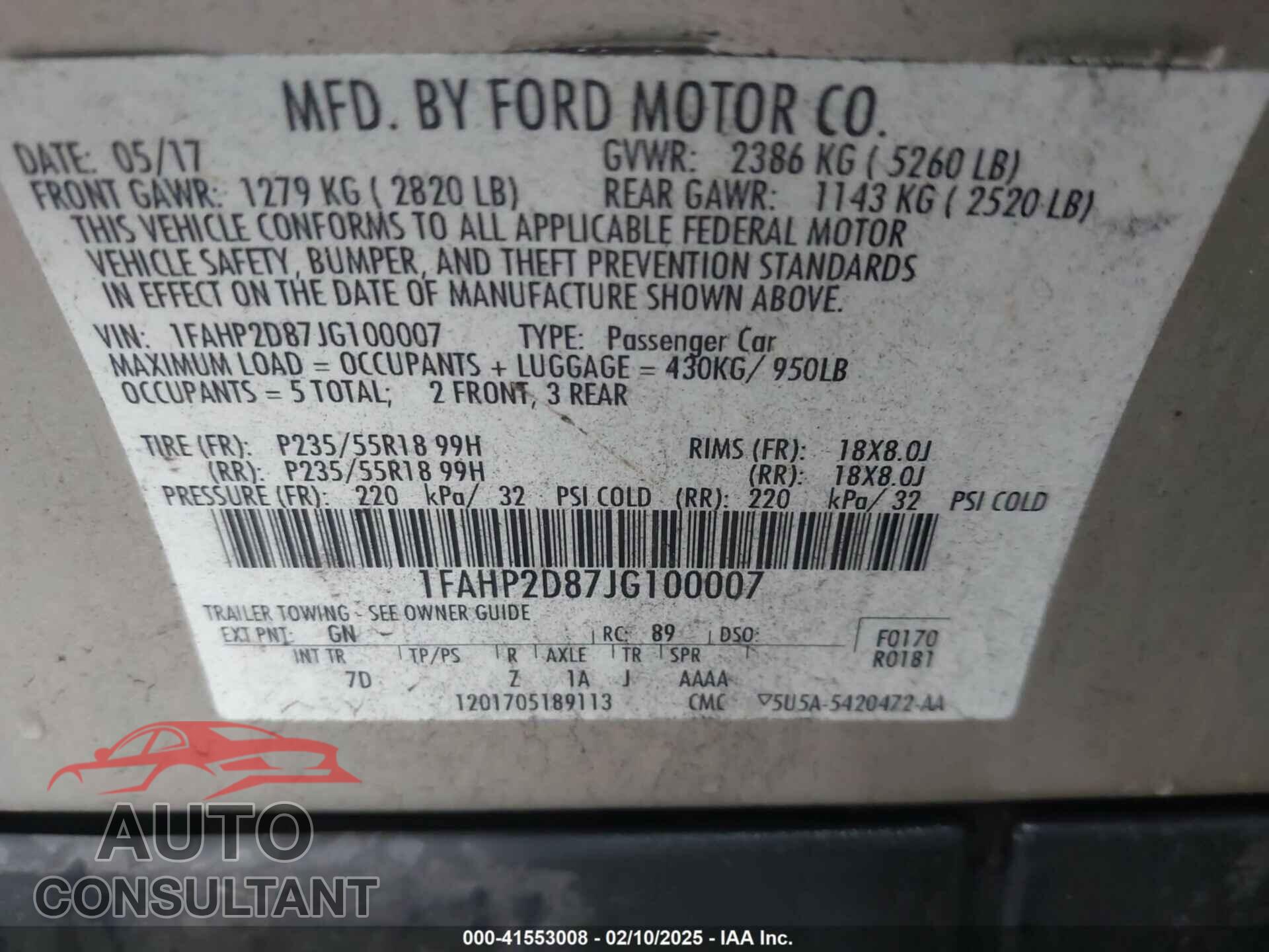 FORD TAURUS 2018 - 1FAHP2D87JG100007