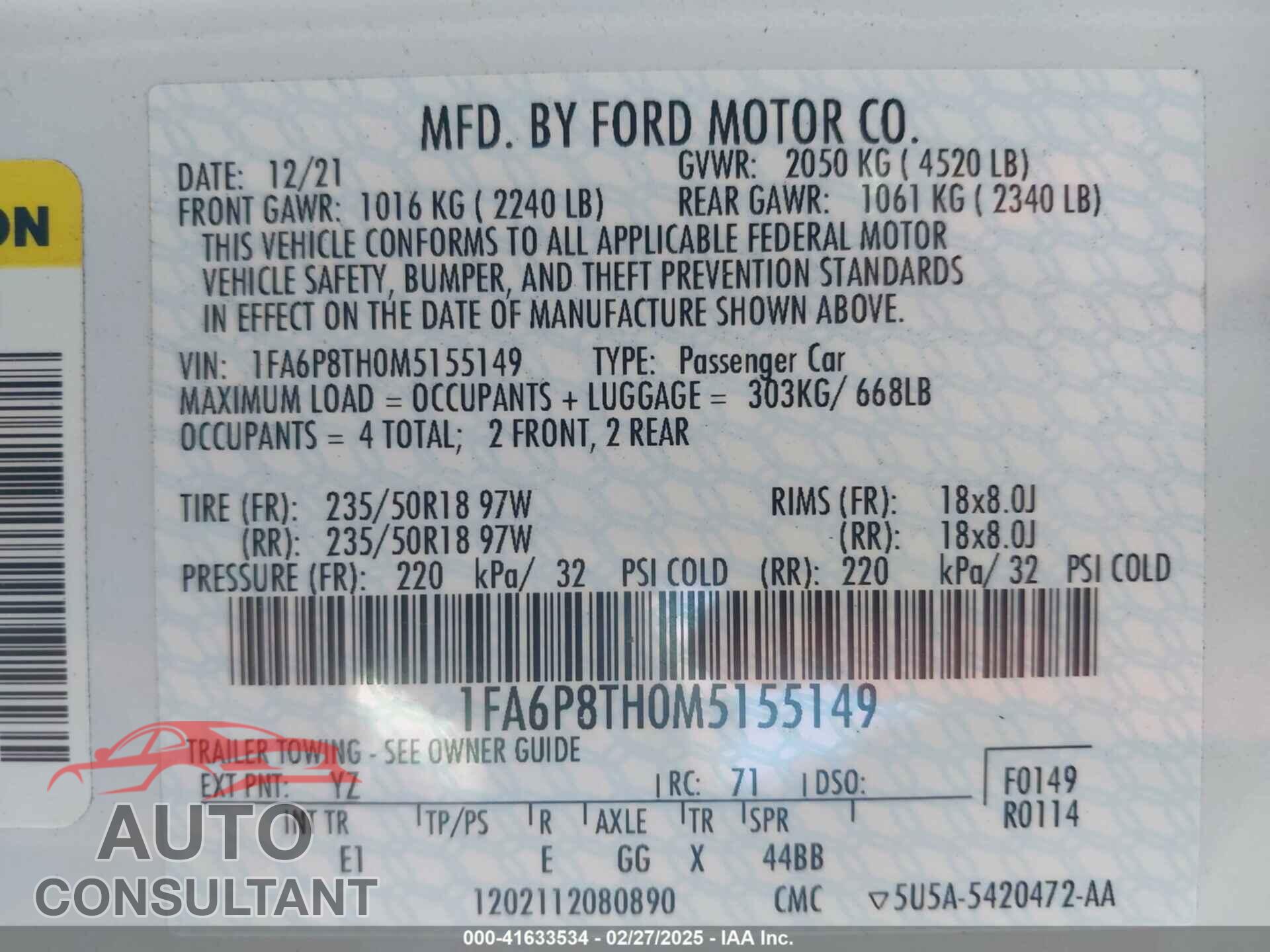 FORD MUSTANG 2021 - 1FA6P8TH0M5155149
