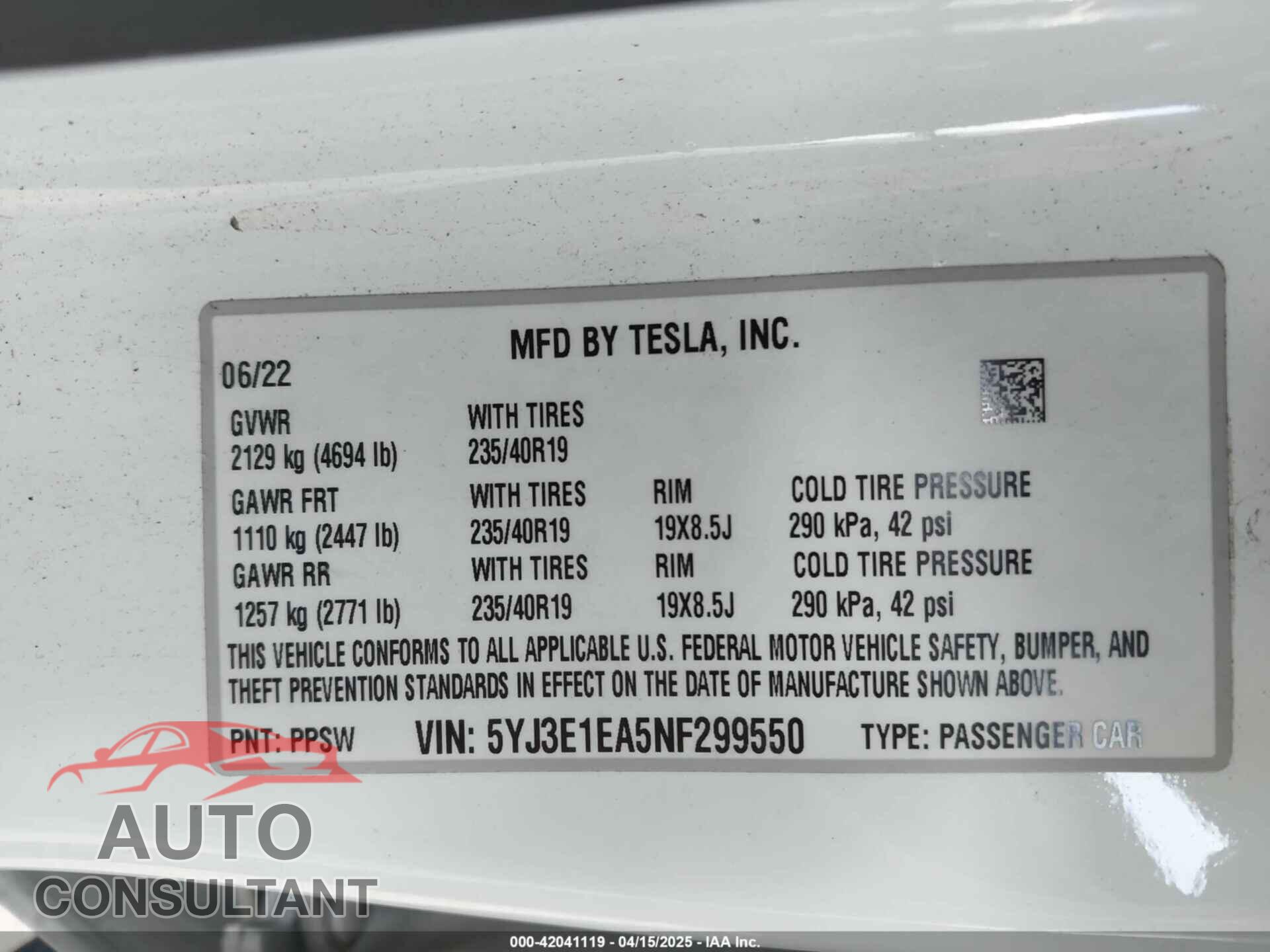 TESLA MODEL 3 2022 - 5YJ3E1EA5NF299550