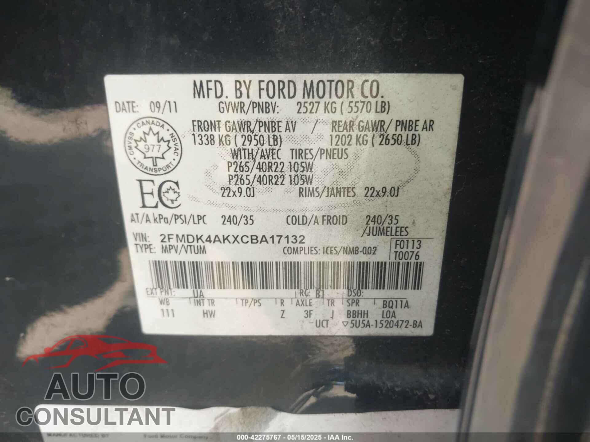 FORD EDGE 2012 - 2FMDK4AKXCBA17132