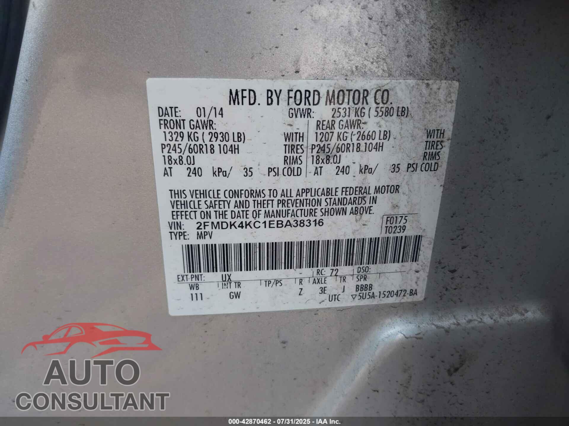 FORD EDGE 2014 - 2FMDK4KC1EBA38316