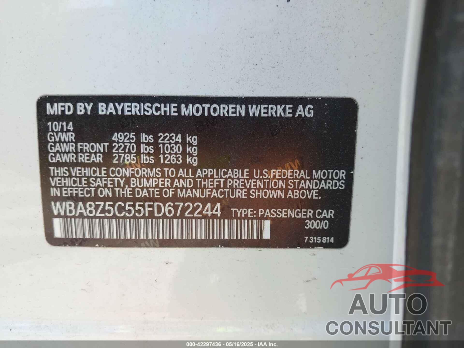 BMW 328I GRAN TURISMO 2015 - WBA8Z5C55FD672244