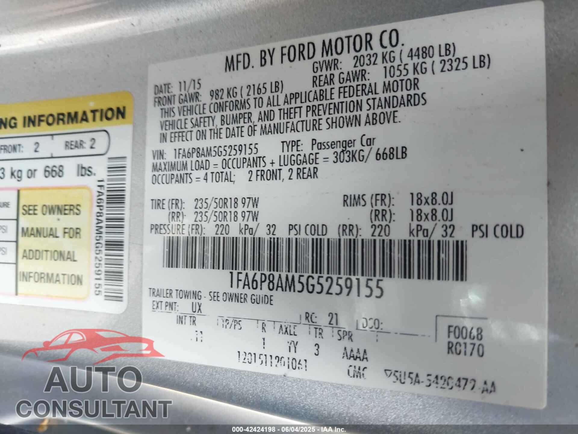 FORD MUSTANG 2016 - 1FA6P8AM5G5259155