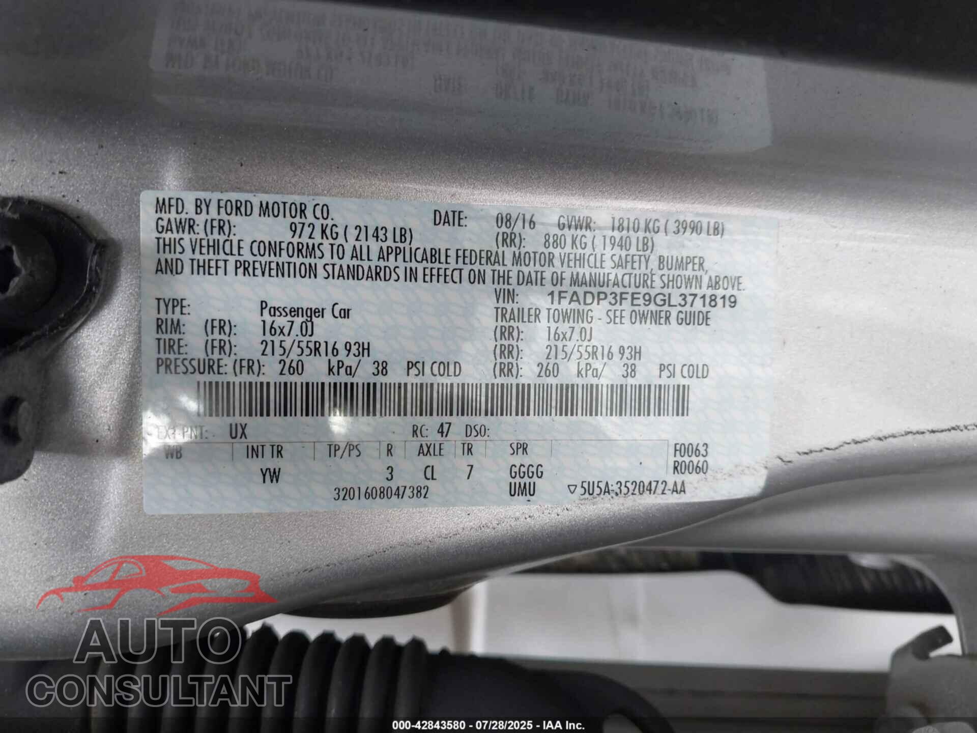 FORD FOCUS 2016 - 1FADP3FE9GL371819