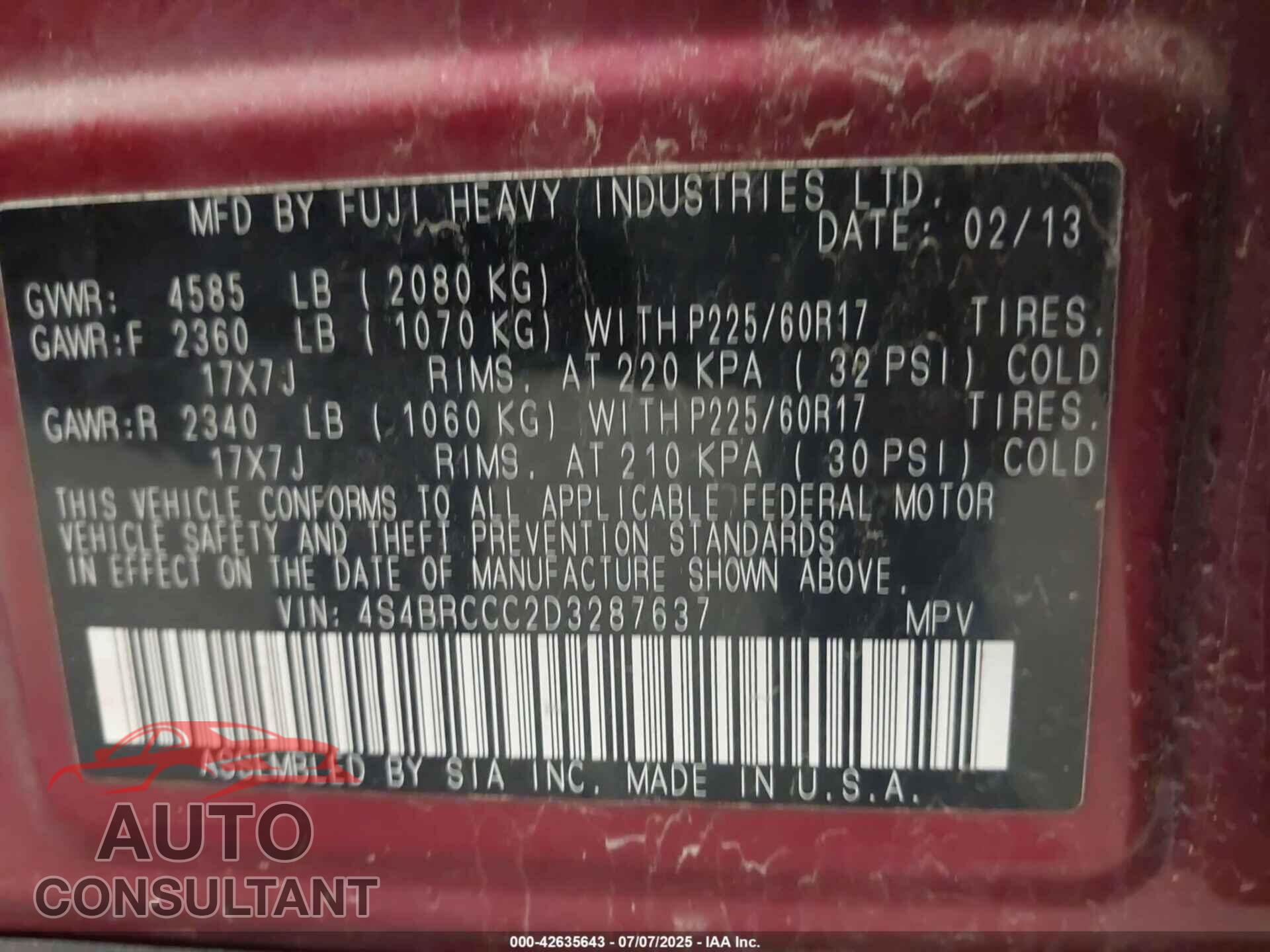 SUBARU OUTBACK 2013 - 4S4BRCCC2D3287637