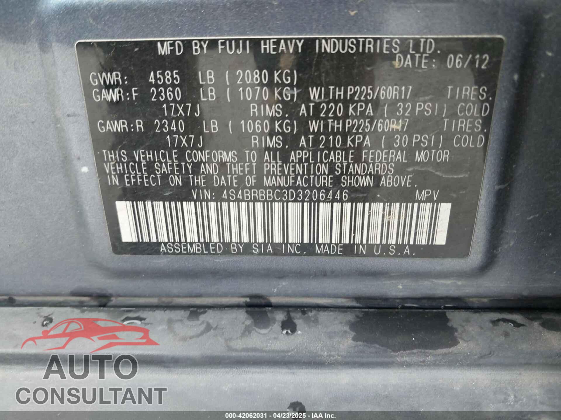 SUBARU OUTBACK 2013 - 4S4BRBBC3D3206446
