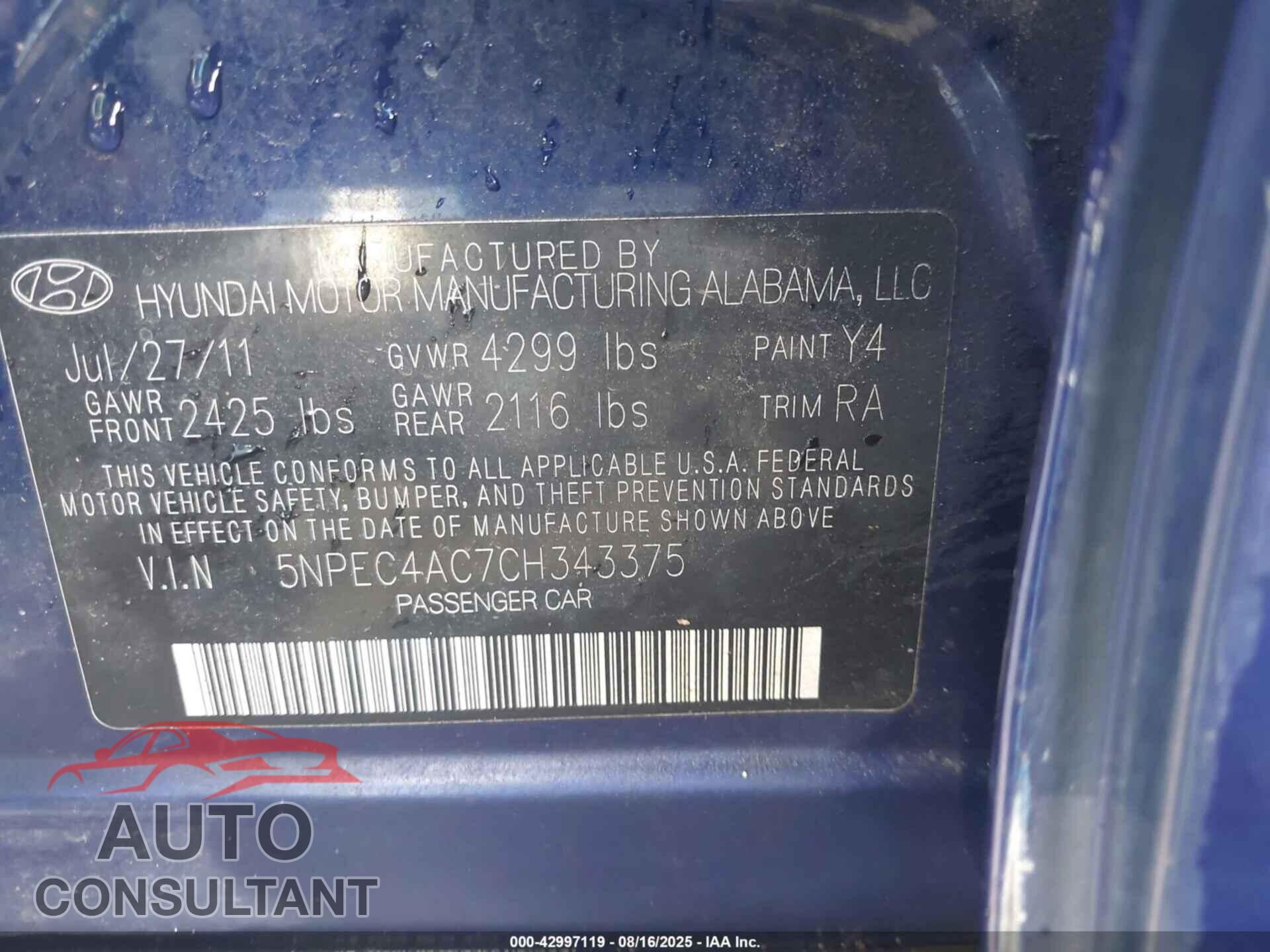 HYUNDAI SONATA 2012 - 5NPEC4AC7CH343375