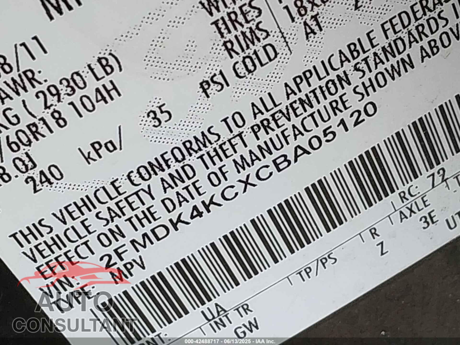 FORD EDGE 2012 - 2FMDK4KCXCBA05120
