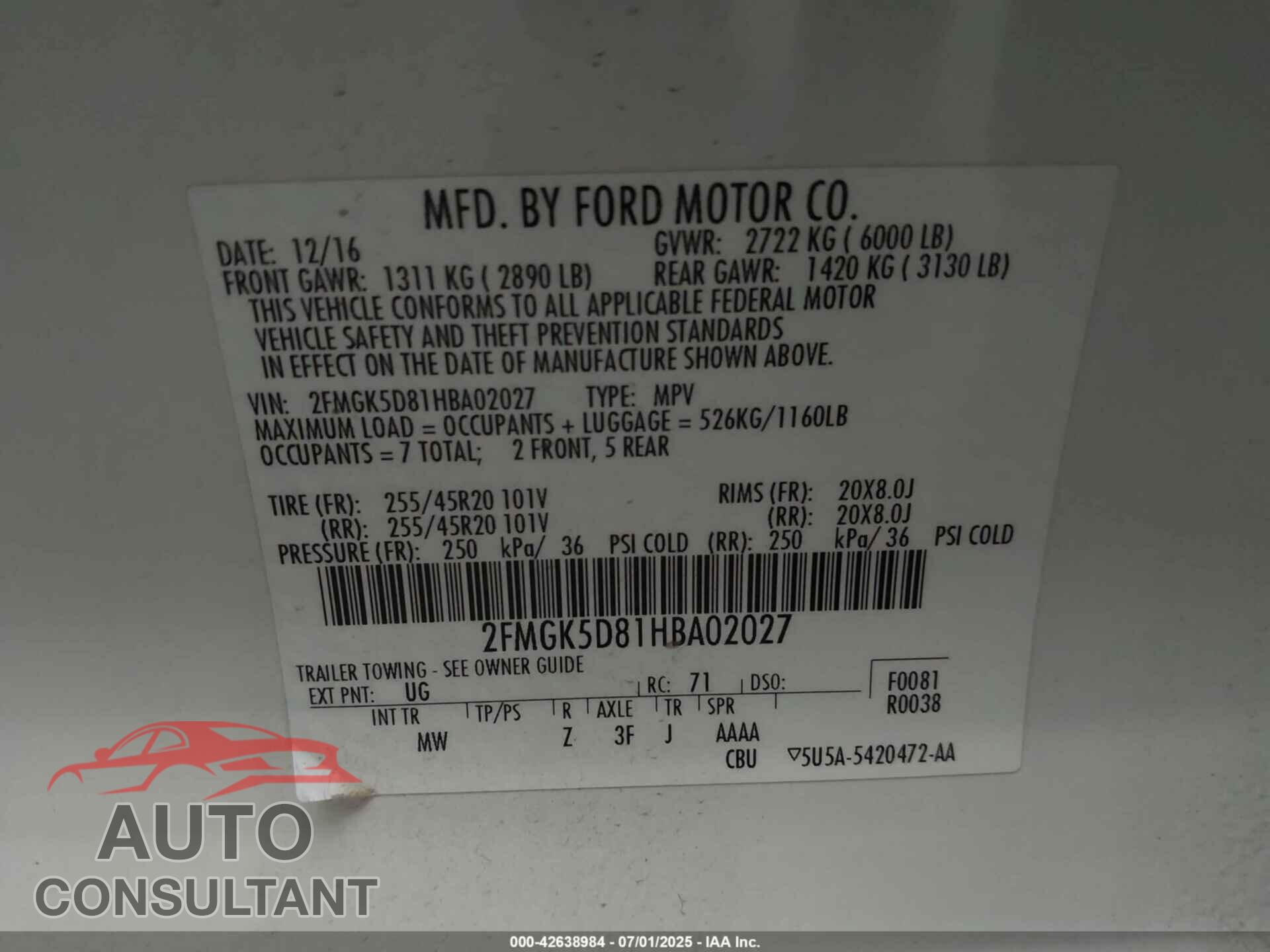 FORD FLEX 2017 - 2FMGK5D81HBA02027