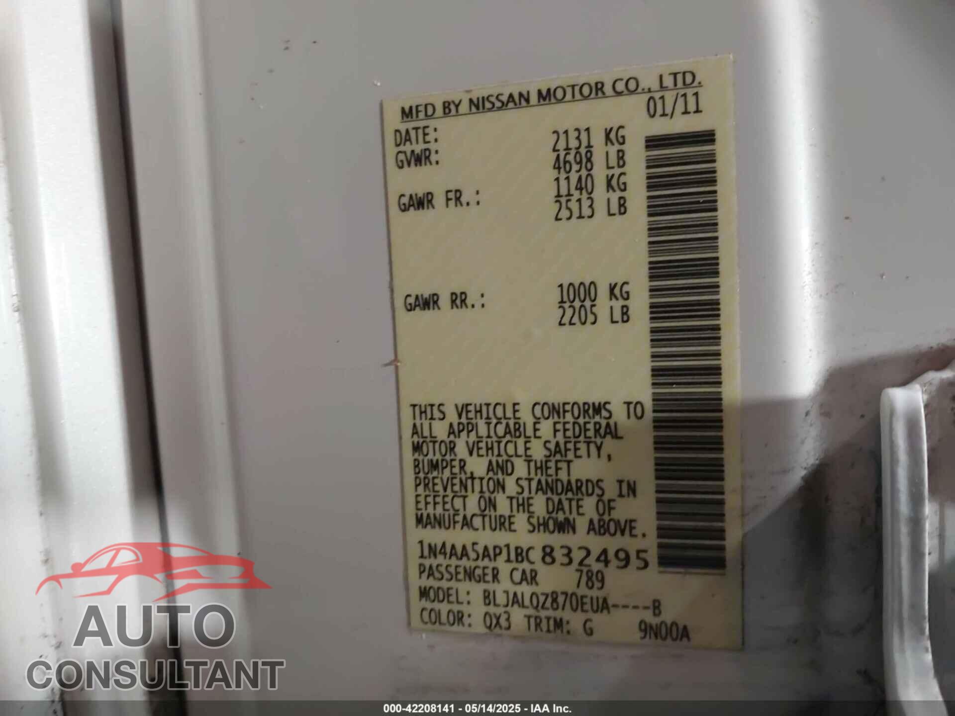 NISSAN MAXIMA 2011 - 1N4AA5AP1BC832495