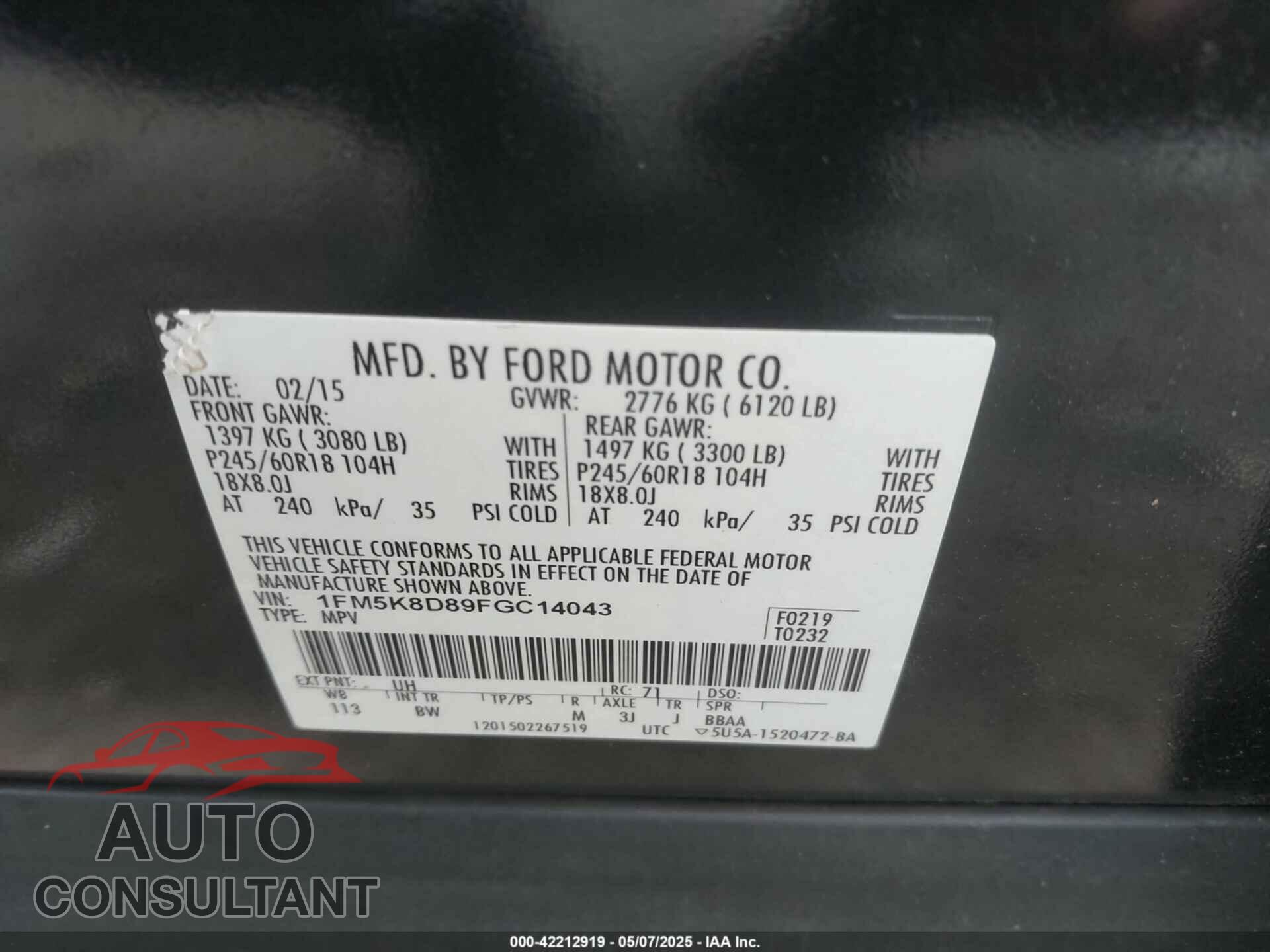 FORD EXPLORER 2015 - 1FM5K8D89FGC14043