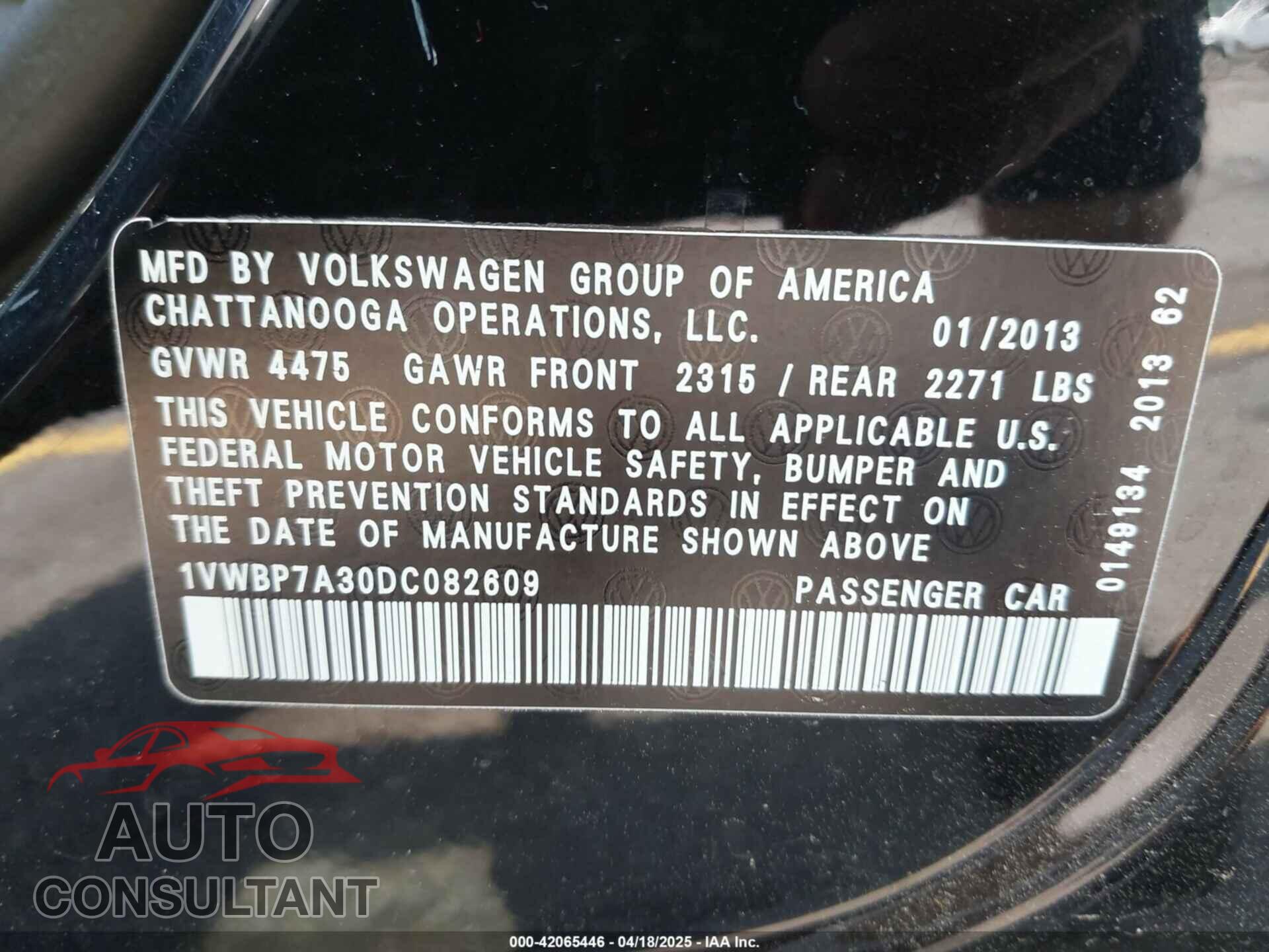 VOLKSWAGEN PASSAT 2013 - 1VWBP7A30DC082609
