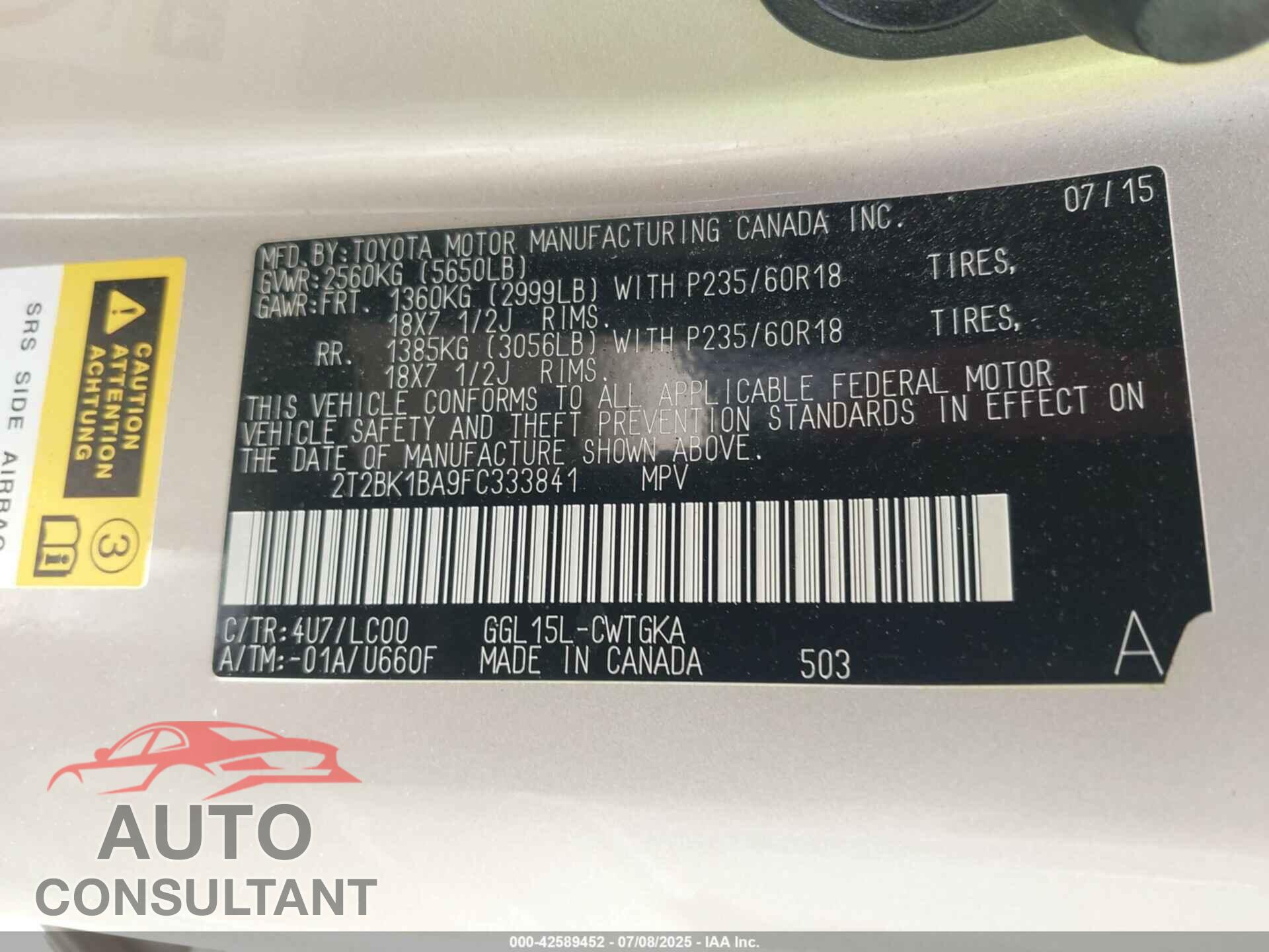 LEXUS RX 350 2015 - 2T2BK1BA9FC333841