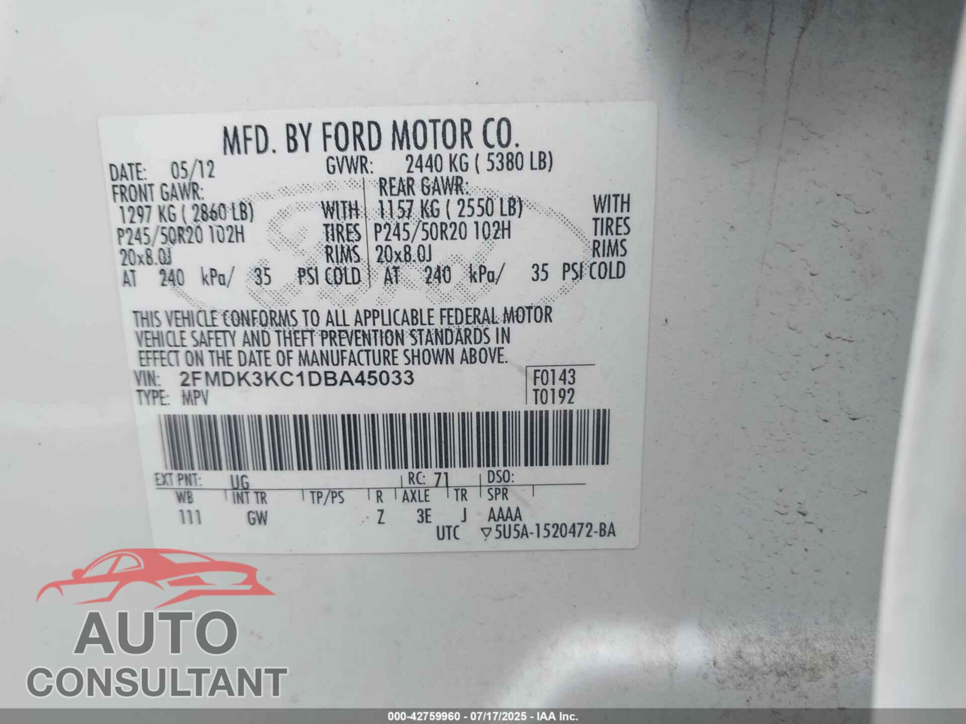 FORD EDGE 2013 - 2FMDK3KC1DBA45033
