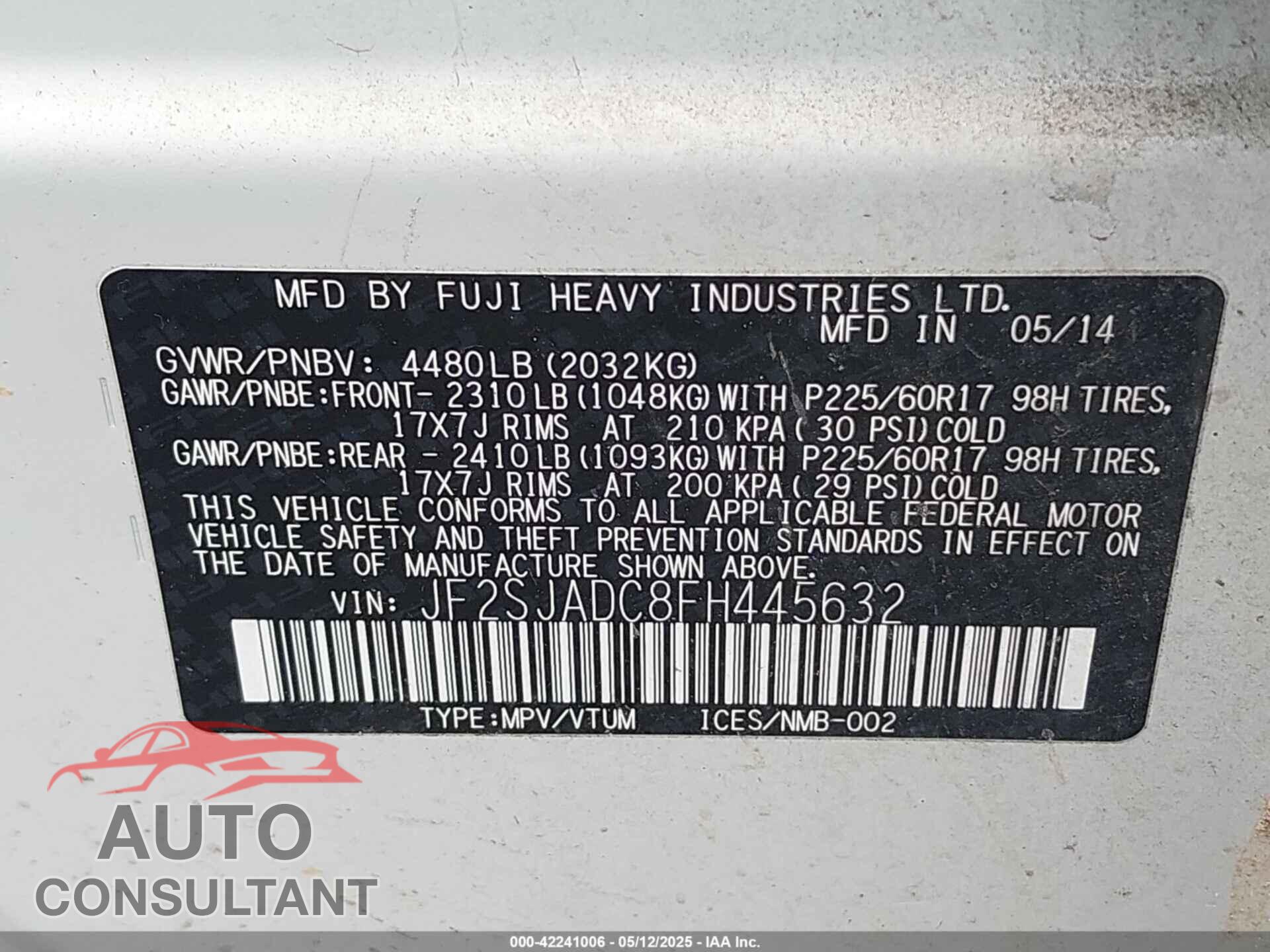 SUBARU FORESTER 2015 - JF2SJADC8FH445632