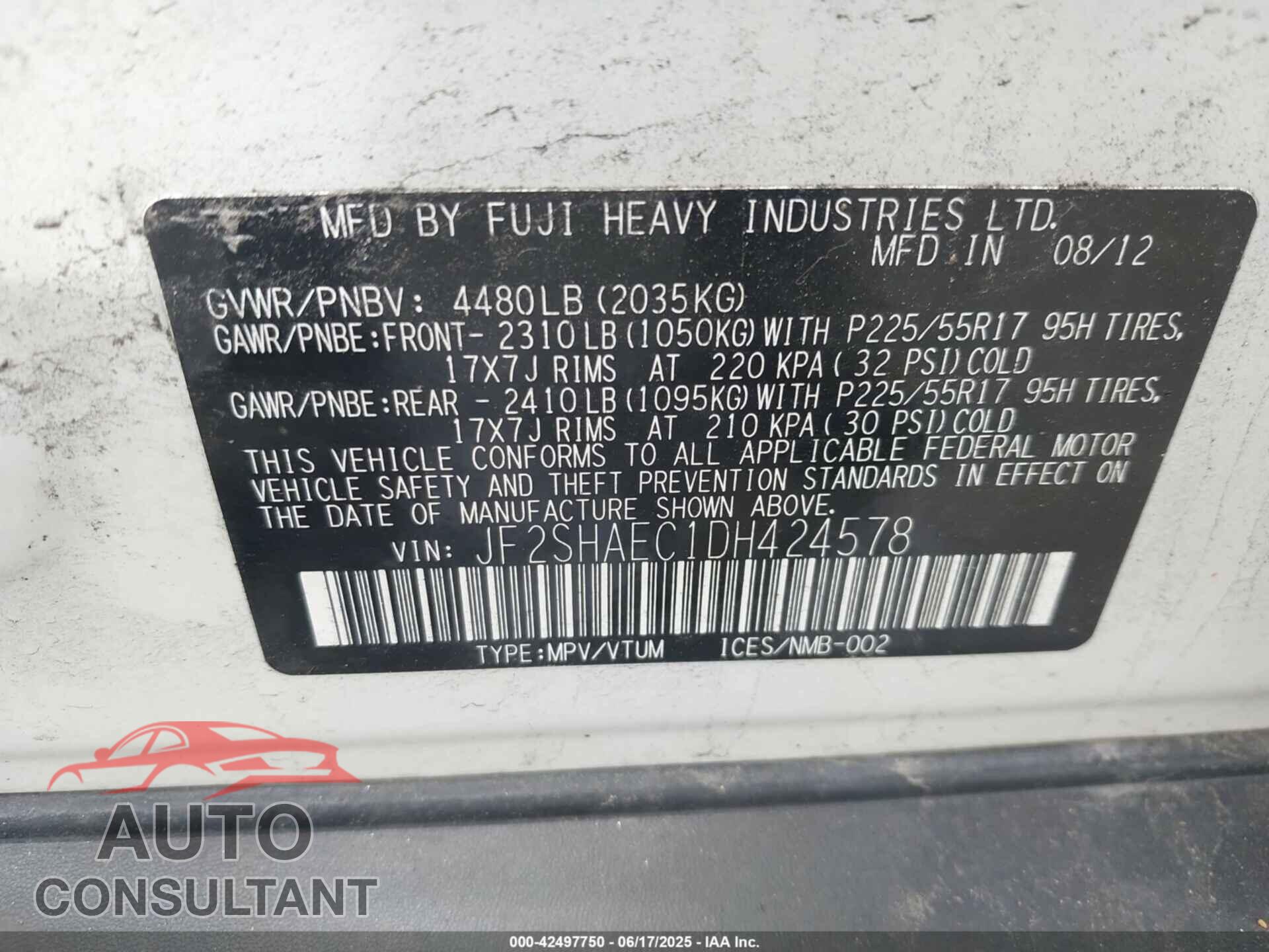 SUBARU FORESTER 2013 - JF2SHAEC1DH424578