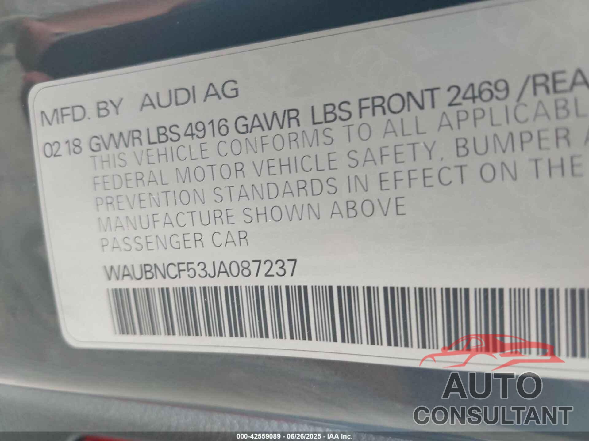 AUDI A5 2018 - WAUBNCF53JA087237