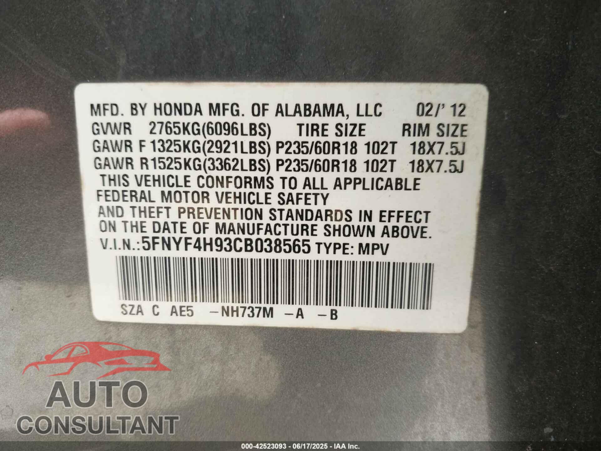 HONDA PILOT 2012 - 5FNYF4H93CB038565