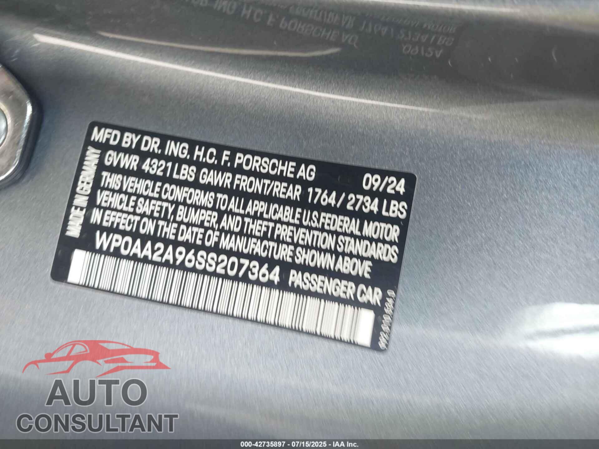 PORSCHE 911 2025 - WP0AA2A96SS207364