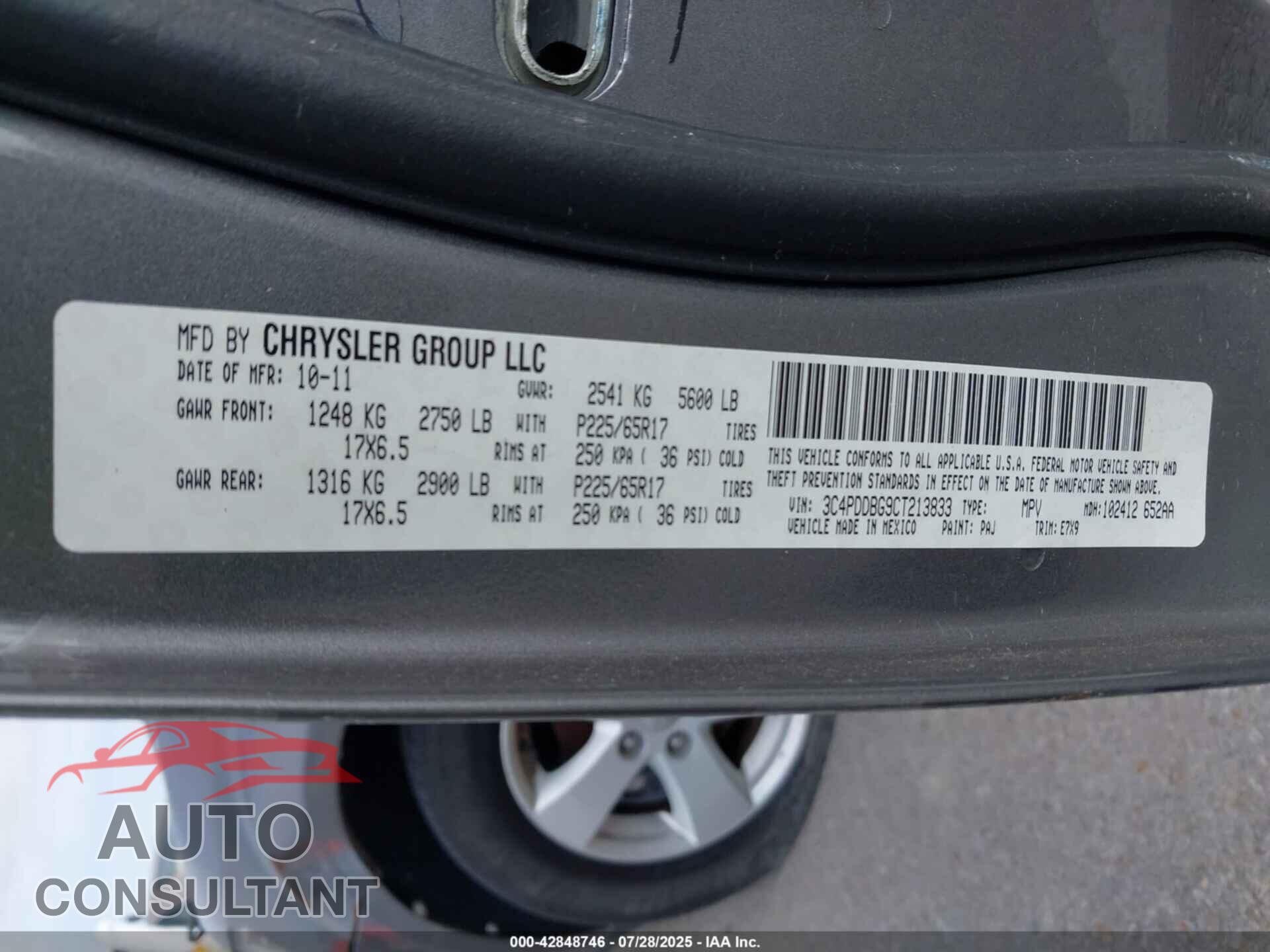 DODGE JOURNEY 2012 - 3C4PDDBG9CT213833