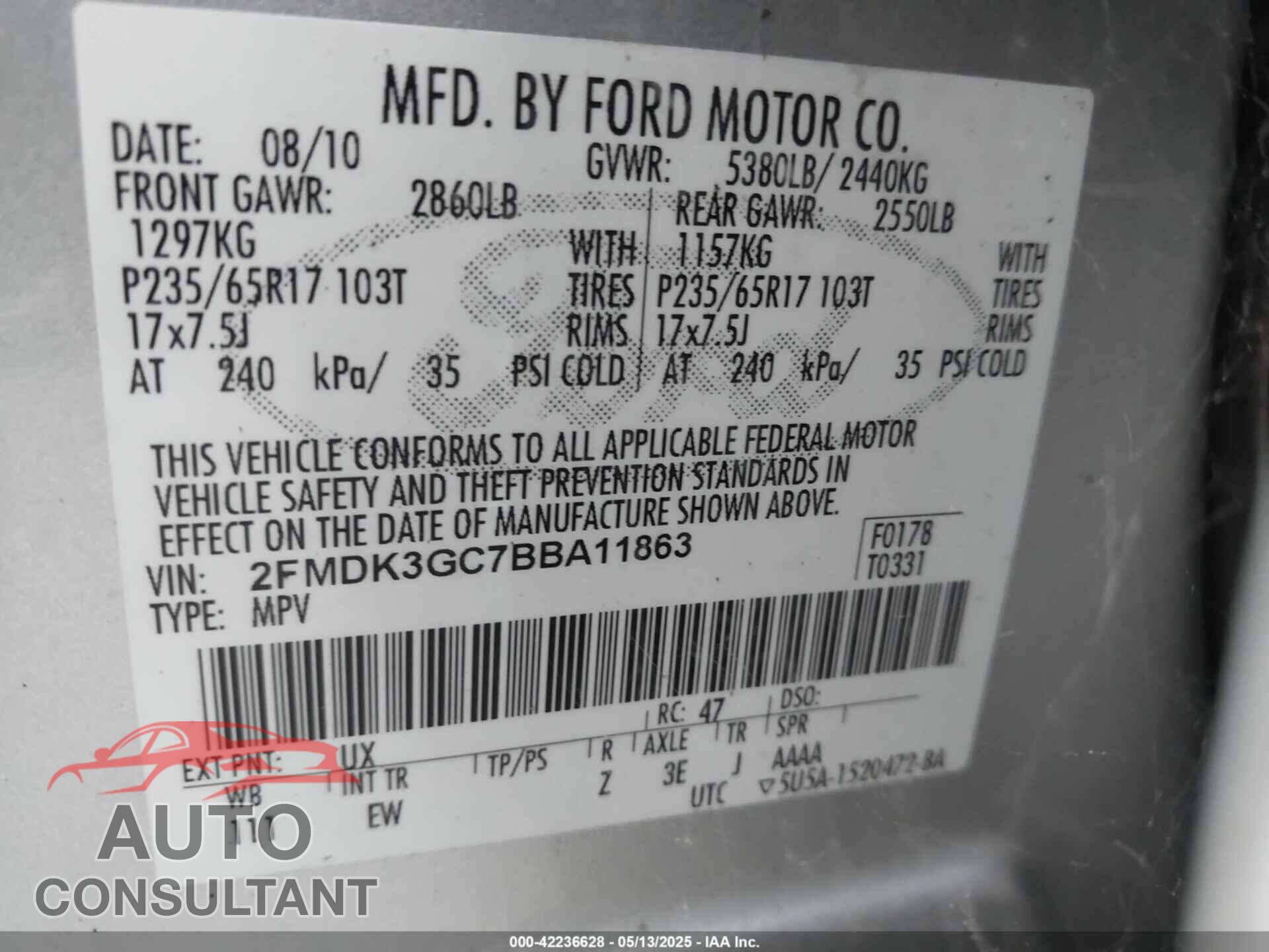 FORD EDGE 2011 - 2FMDK3GC7BBA11863