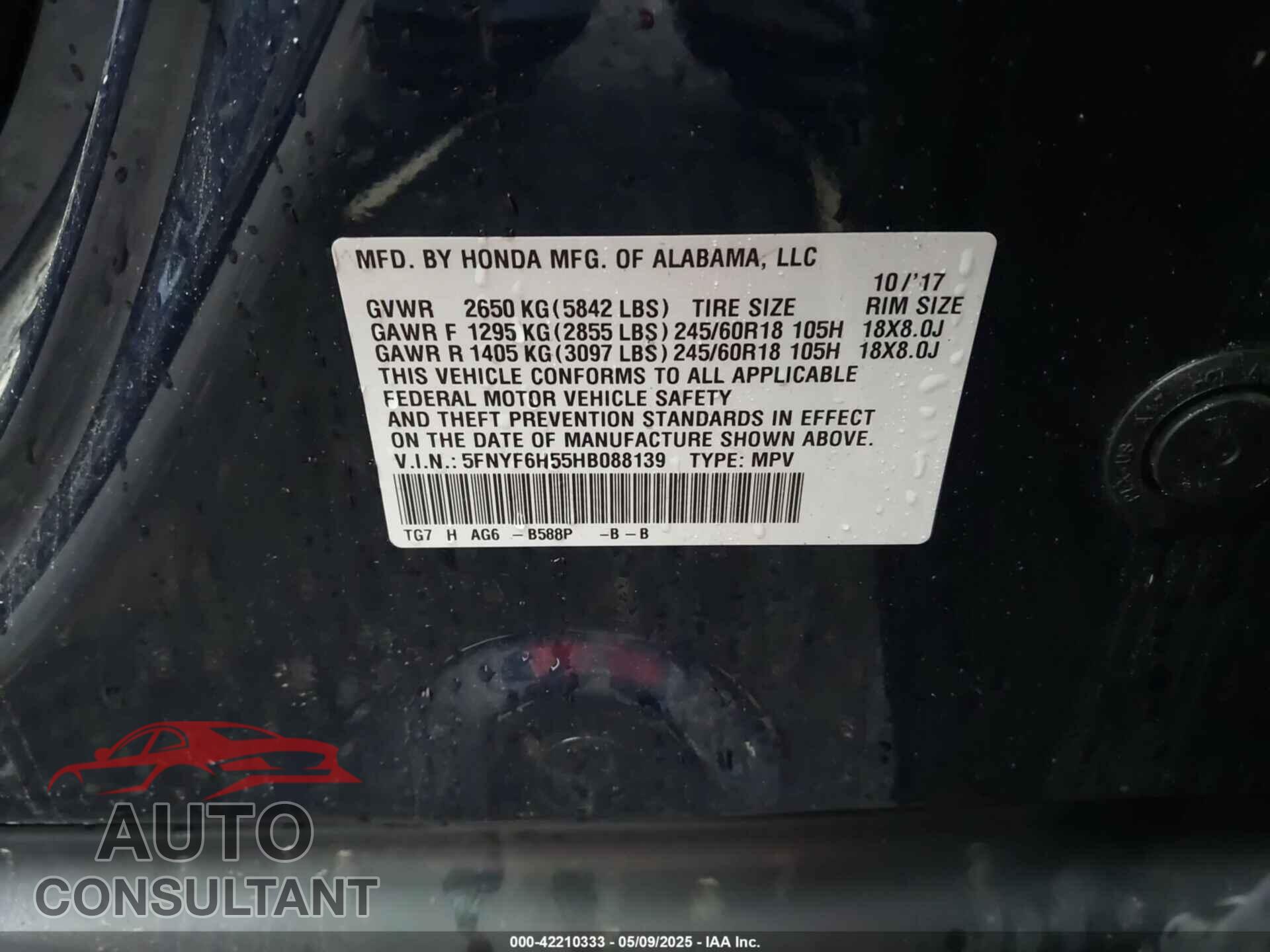 HONDA PILOT 2017 - 5FNYF6H55HB088139