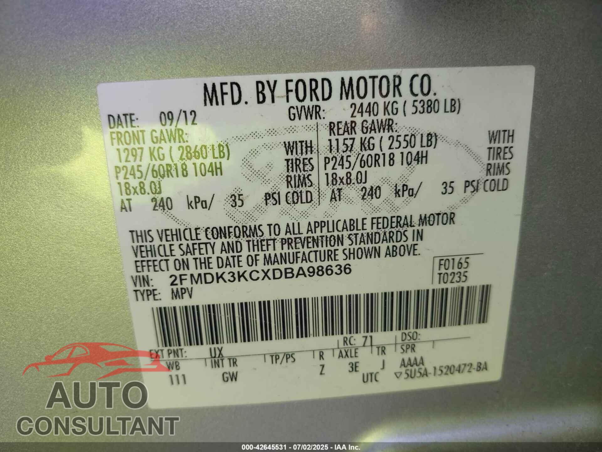 FORD EDGE 2013 - 2FMDK3KCXDBA98636