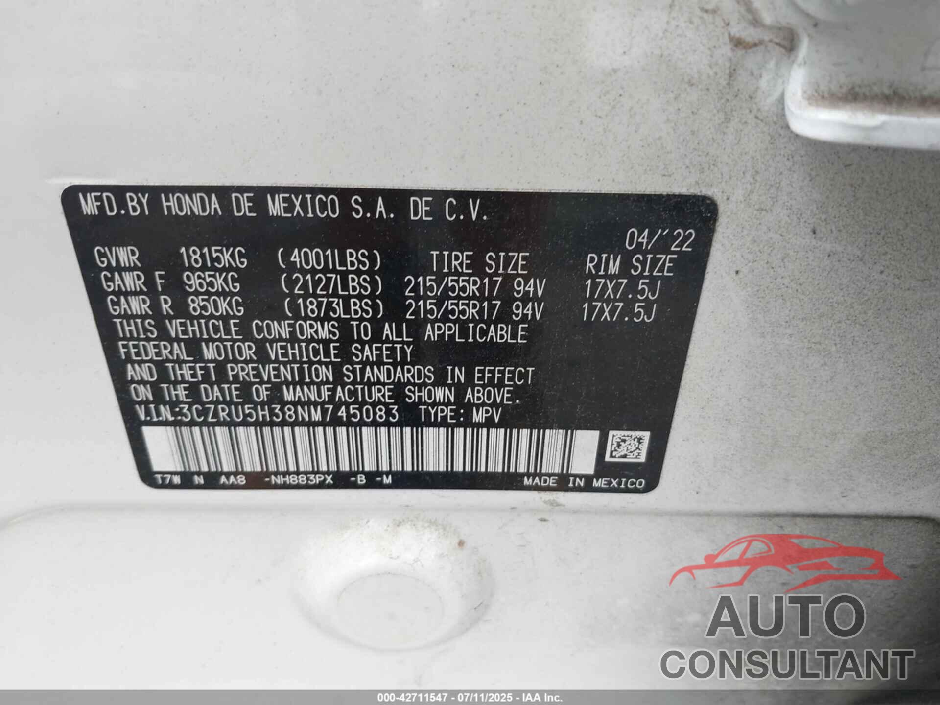 HONDA HR-V 2022 - 3CZRU5H38NM745083