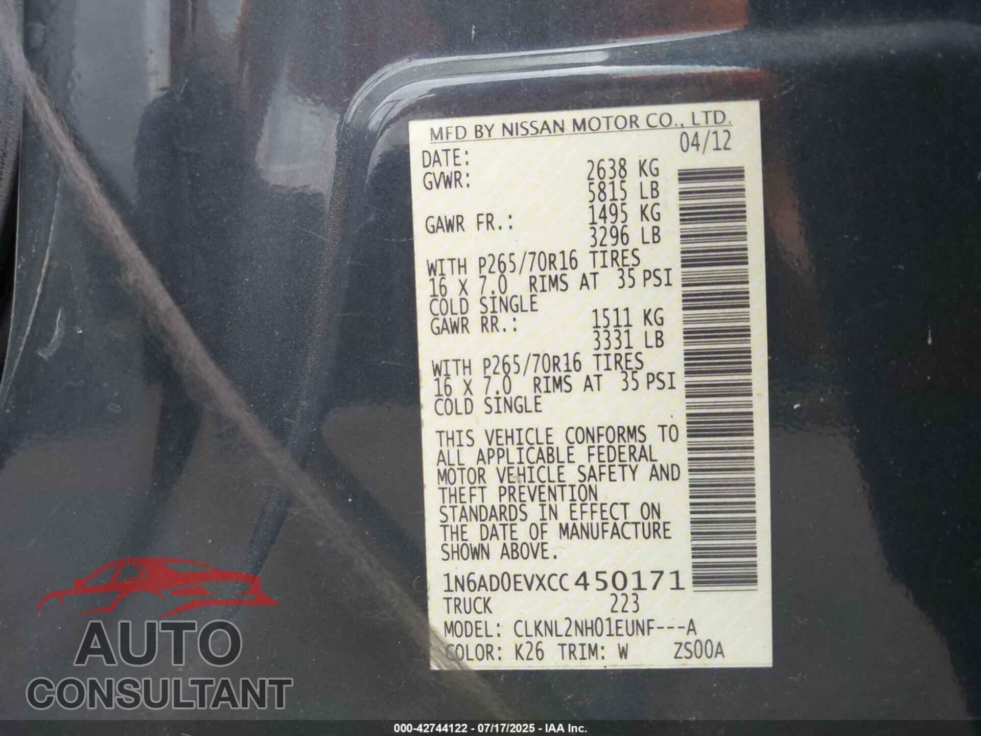 NISSAN FRONTIER 2012 - 1N6AD0EVXCC450171