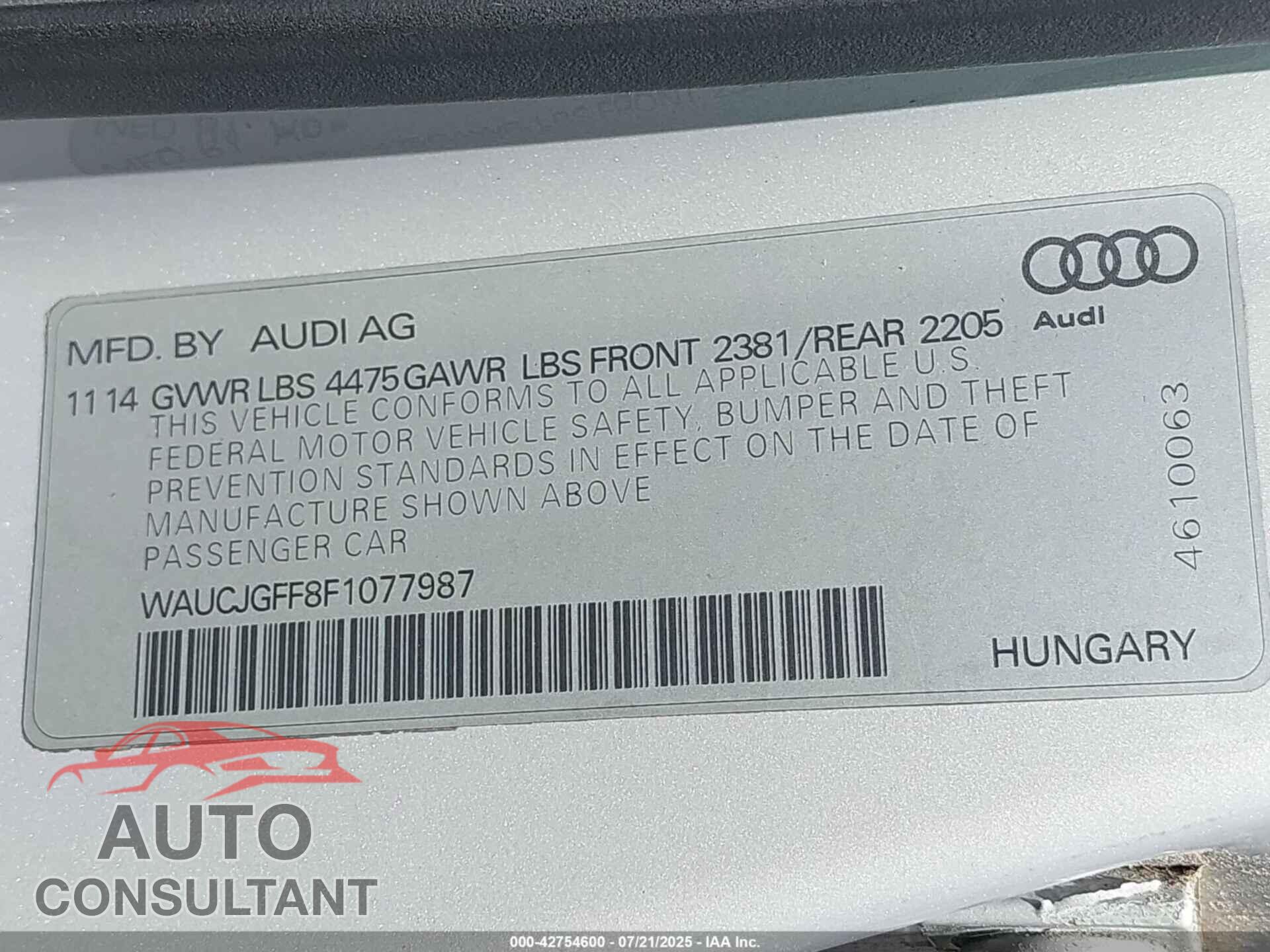 AUDI A3 2015 - WAUCJGFF8F1077987