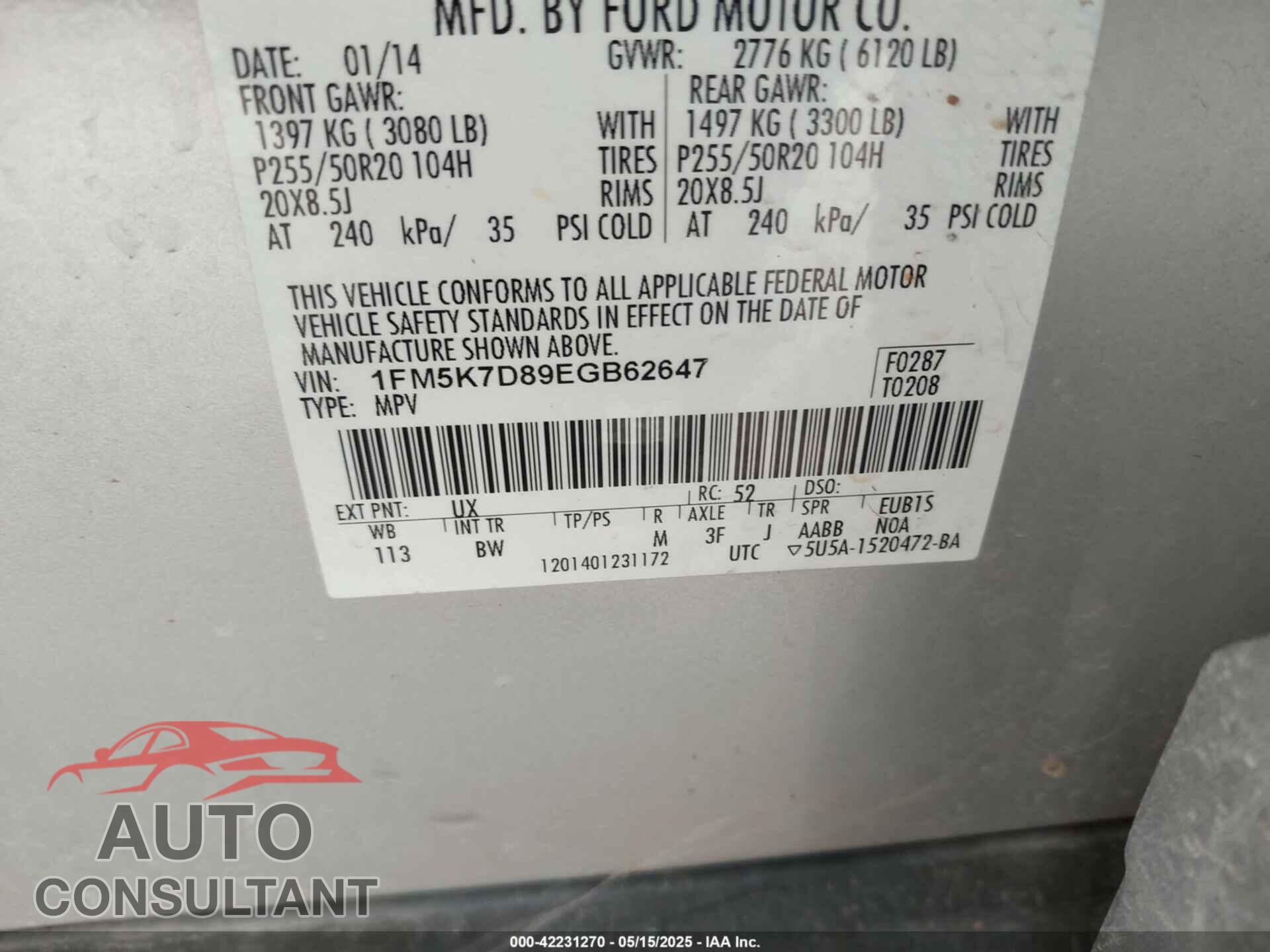 FORD EXPLORER 2014 - 1FM5K7D89EGB62647