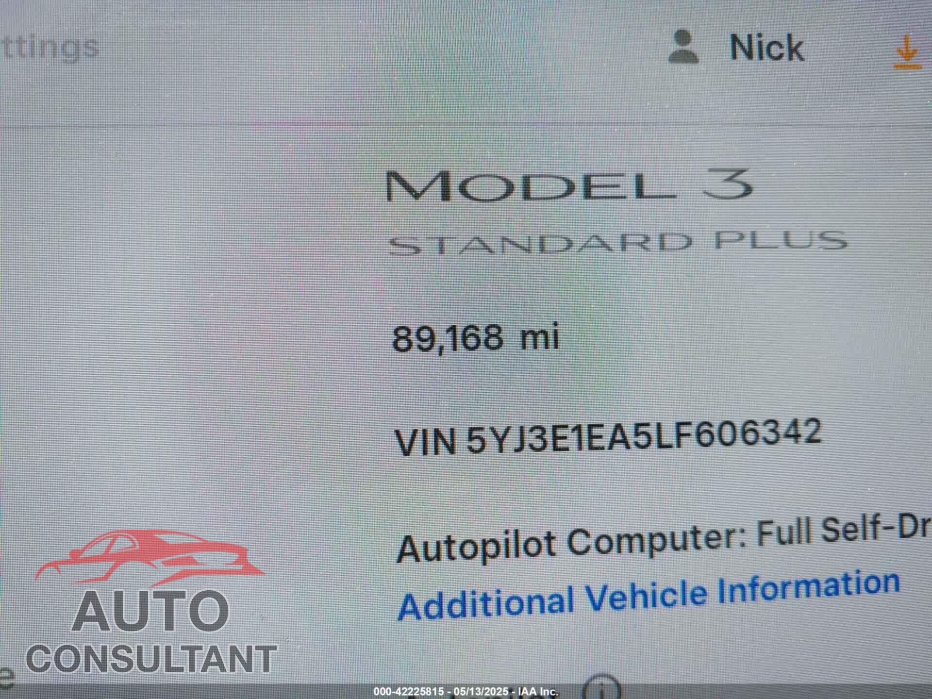 TESLA MODEL 3 2020 - 5YJ3E1EA5LF606342