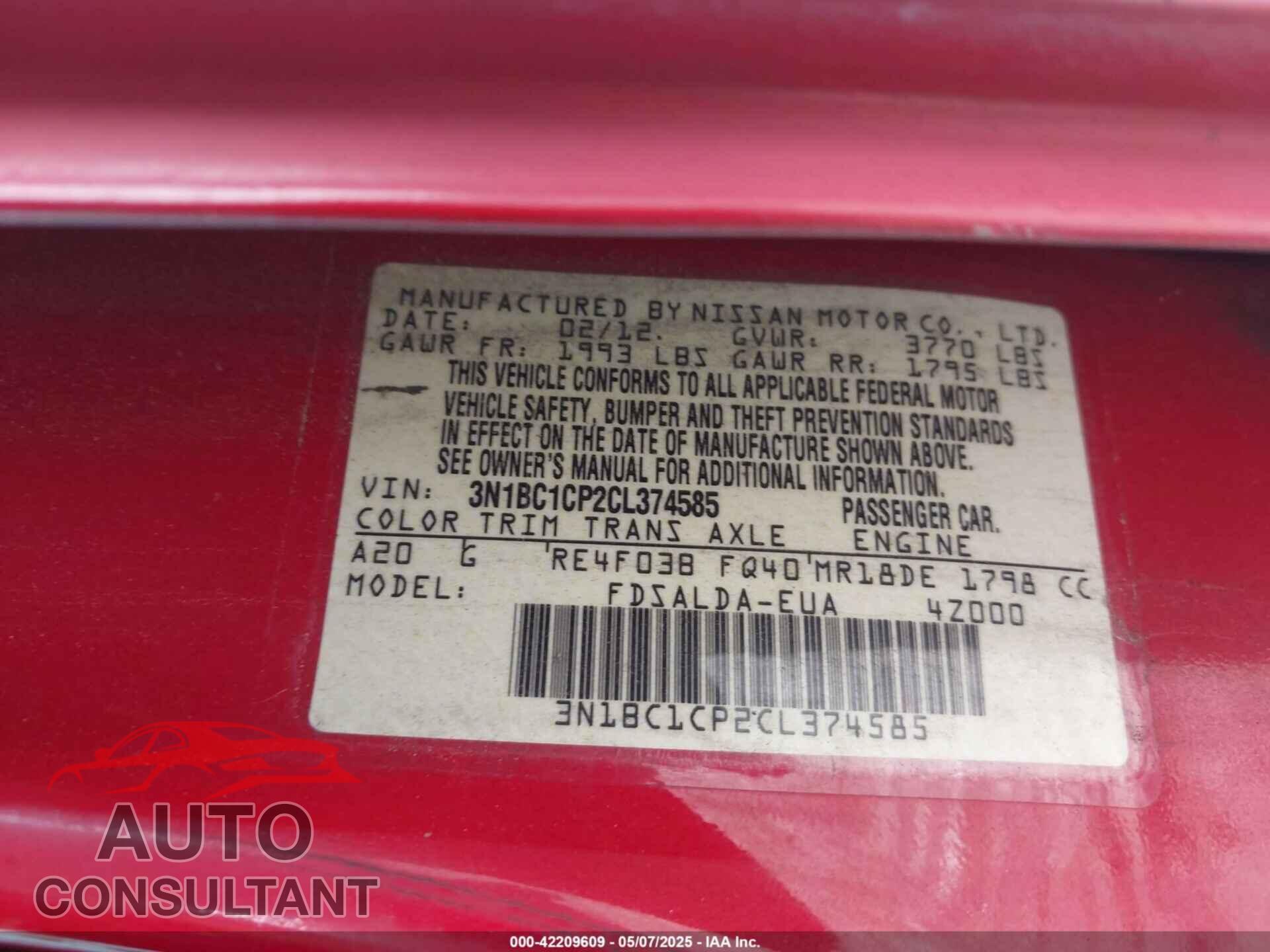 NISSAN VERSA 2012 - 3N1BC1CP2CL374585