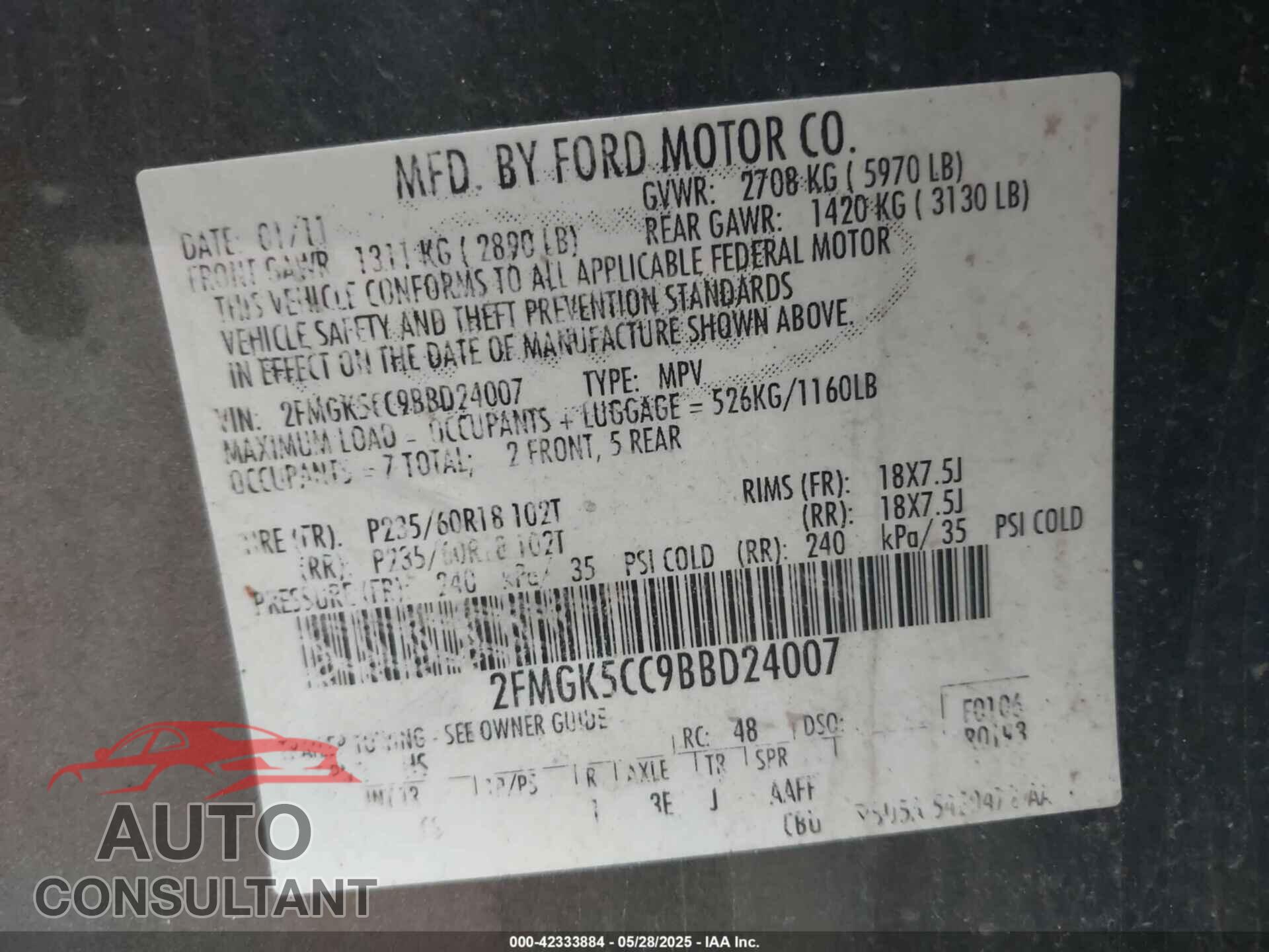 FORD FLEX 2011 - 2FMGK5CC9BBD24007